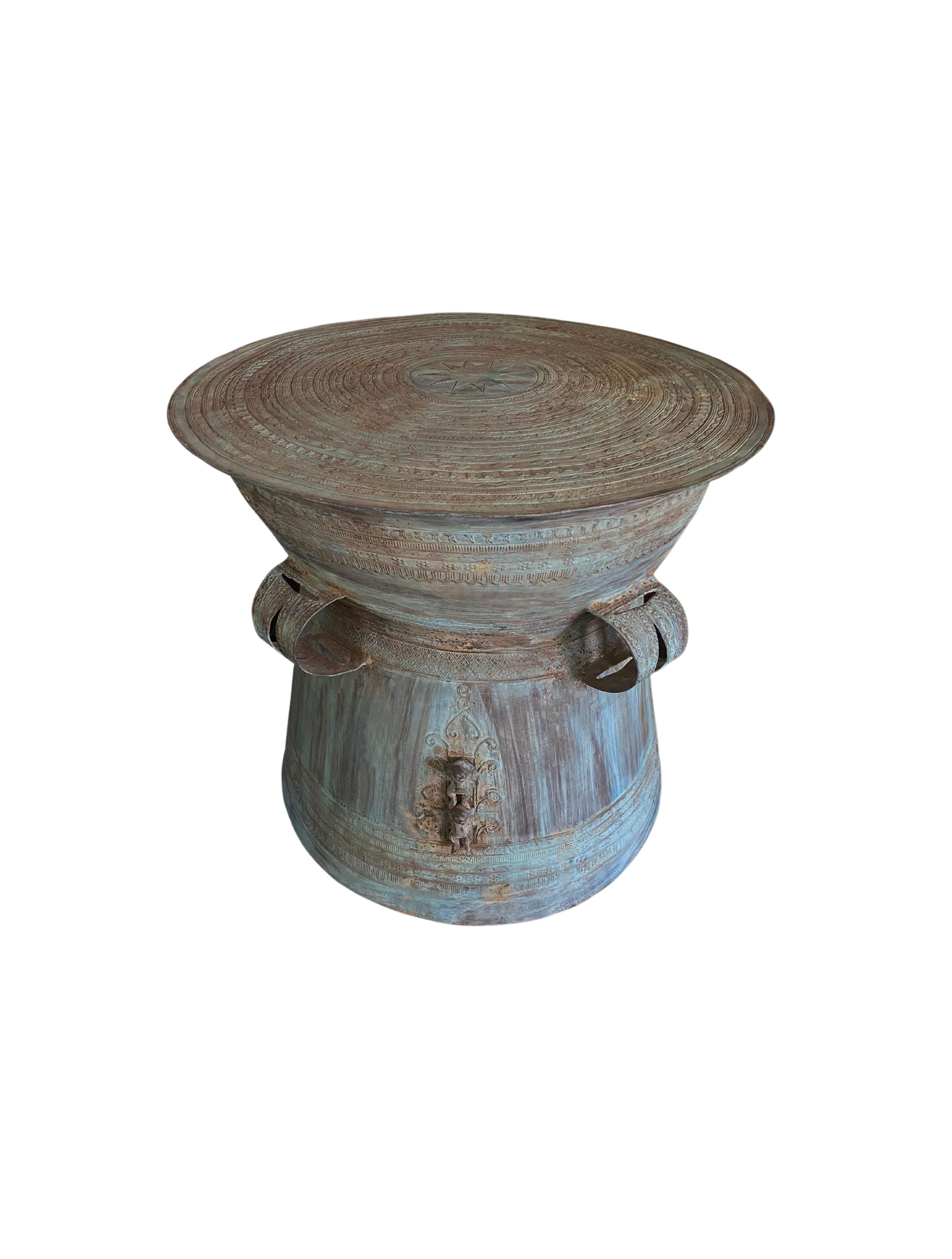 Modern Cast Bronze Rain Drum with Elaborate Detail Patina Finish For Sale