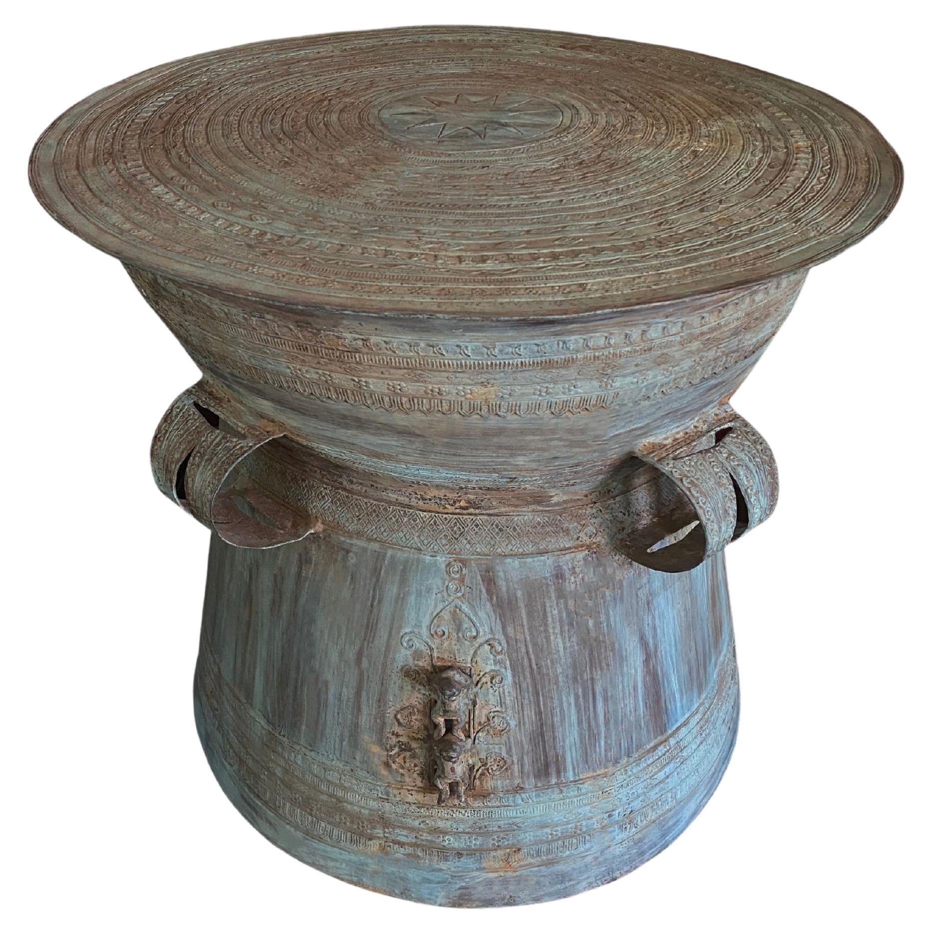 Cast Bronze Rain Drum with Elaborate Detail Patina Finish For Sale