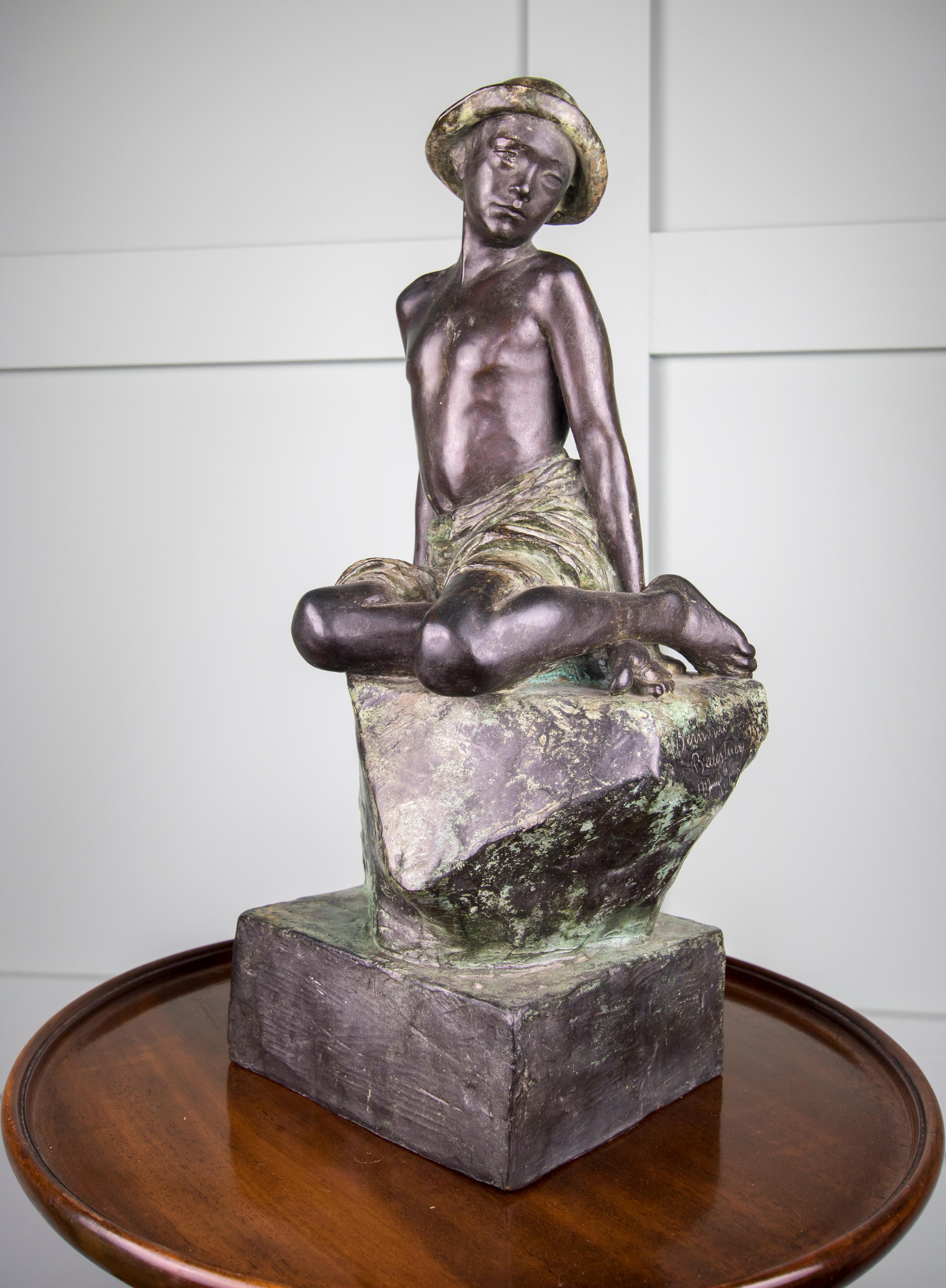 Cast Bronze Sculpture of a Boy Sitting on a Rock, 1919, Rome For Sale 1