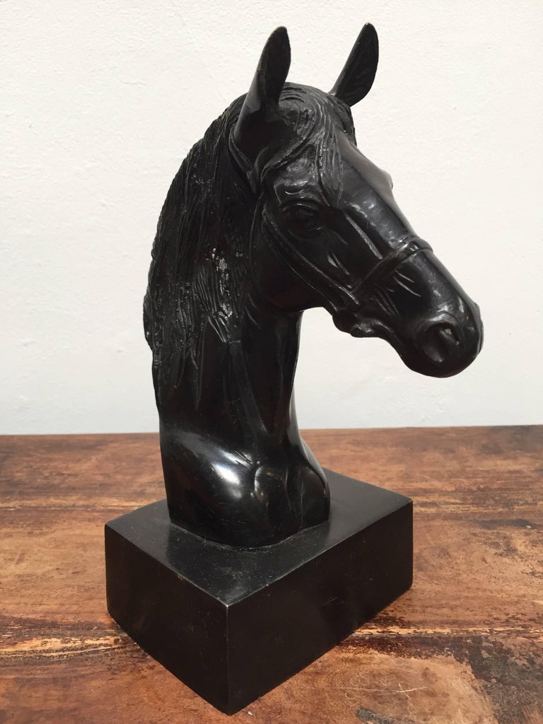 Cast Bronze Sculpture of Black Horse Head on Stand at 1stDibs