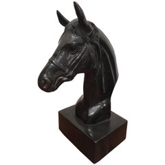 Cast Bronze Sculpture of Black Horse Head on Stand