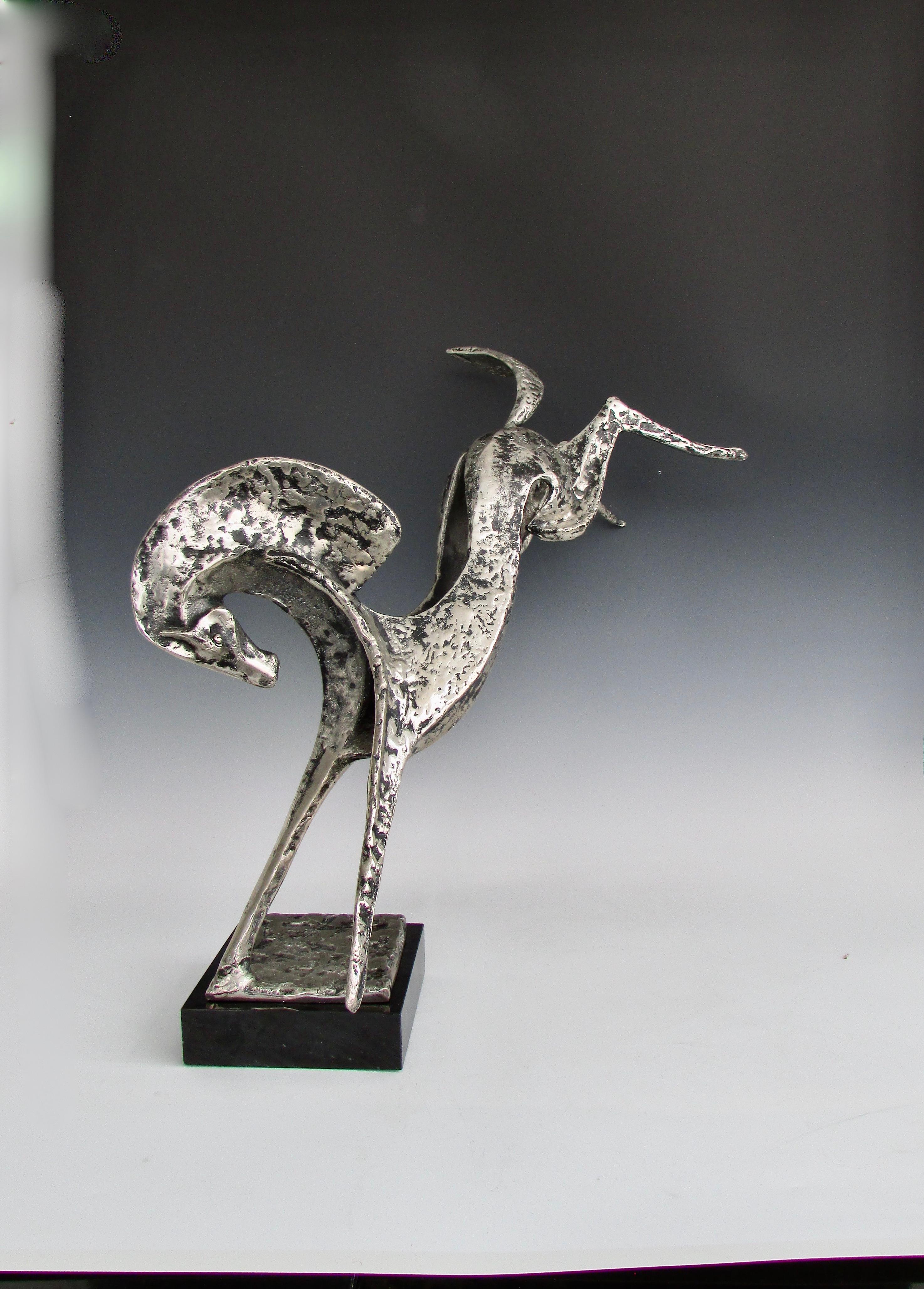 Mid-Century Modern Cast Bronze Sculpture of Stylized Rearing Horse on Onyx Base For Sale