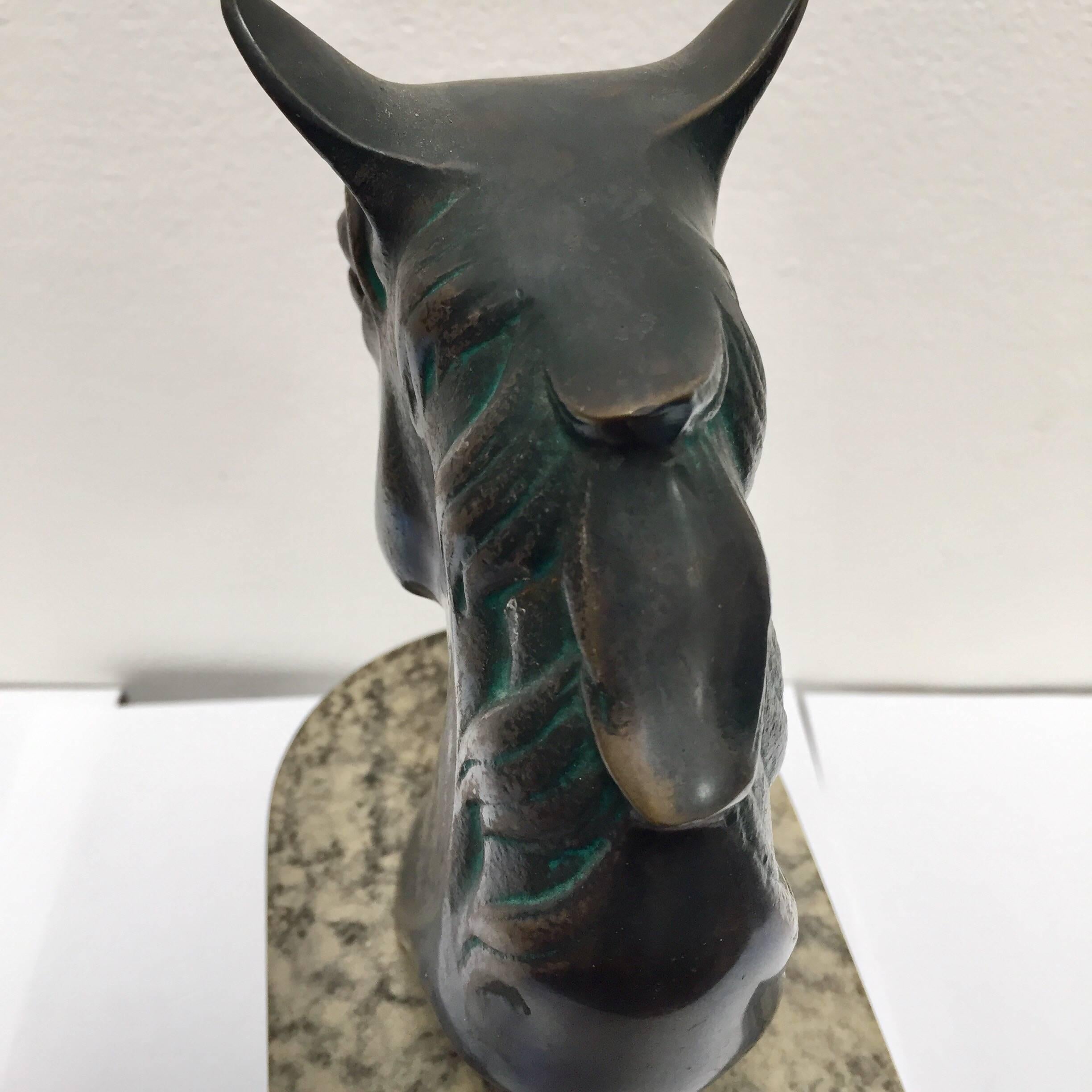 Cast Bronze Sculptures of Black Horses Bust Bookends on Stand  5