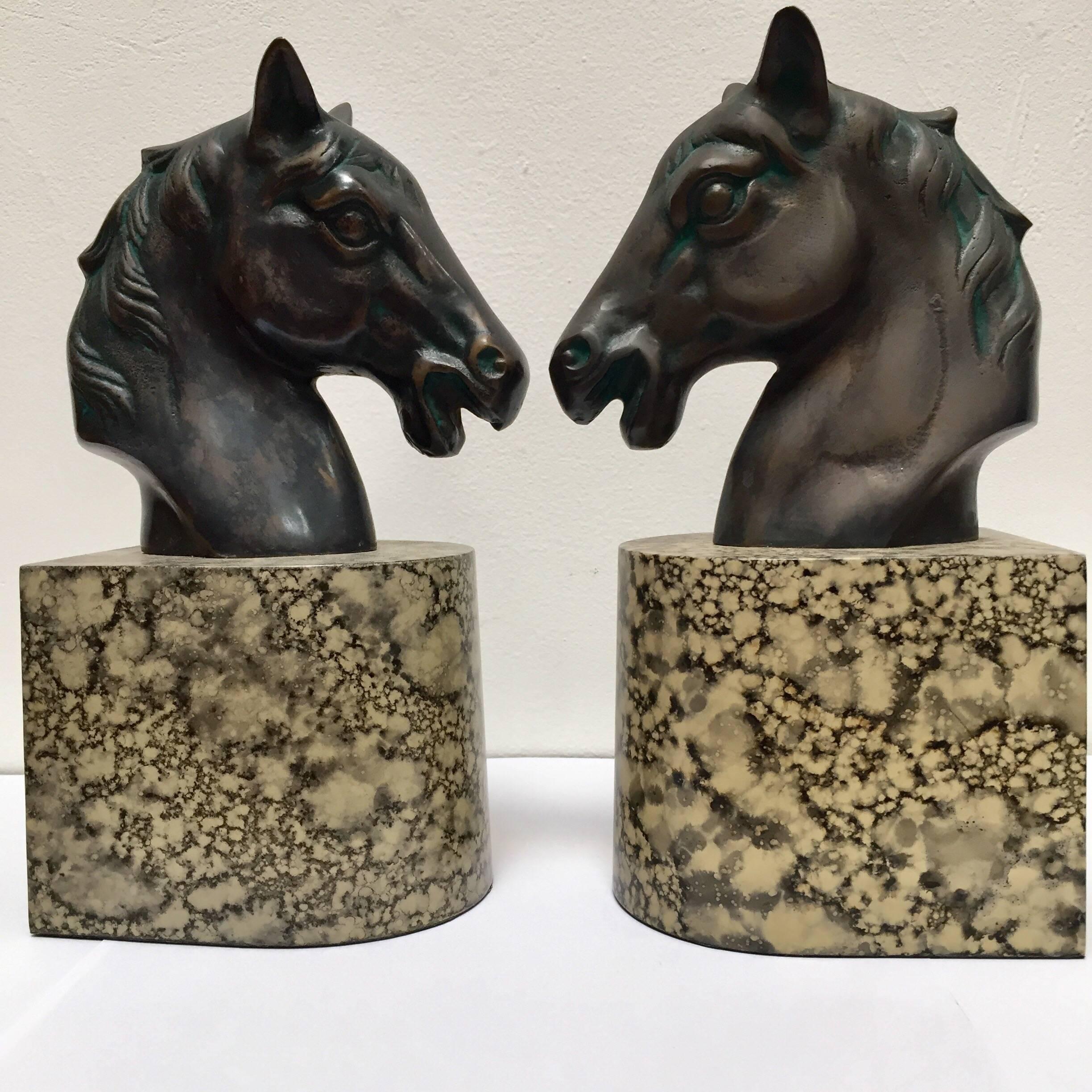 Modern Cast Bronze Sculptures of Black Horses Bust Bookends on Stand 