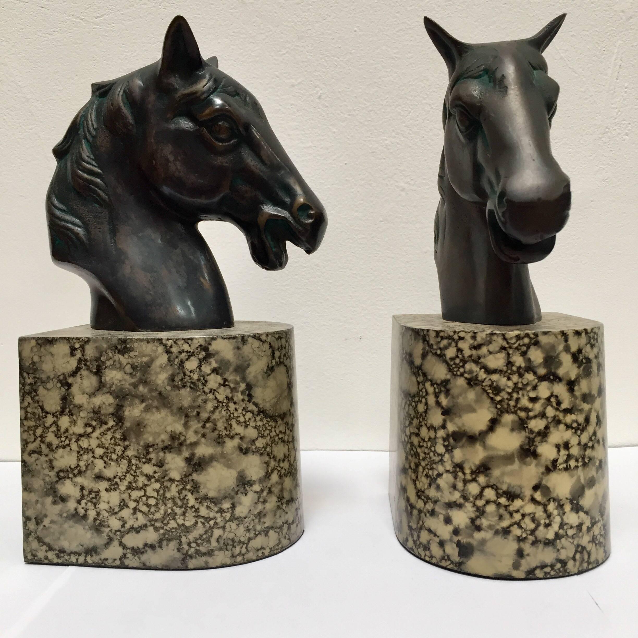 Italian Cast Bronze Sculptures of Black Horses Bust Bookends on Stand 