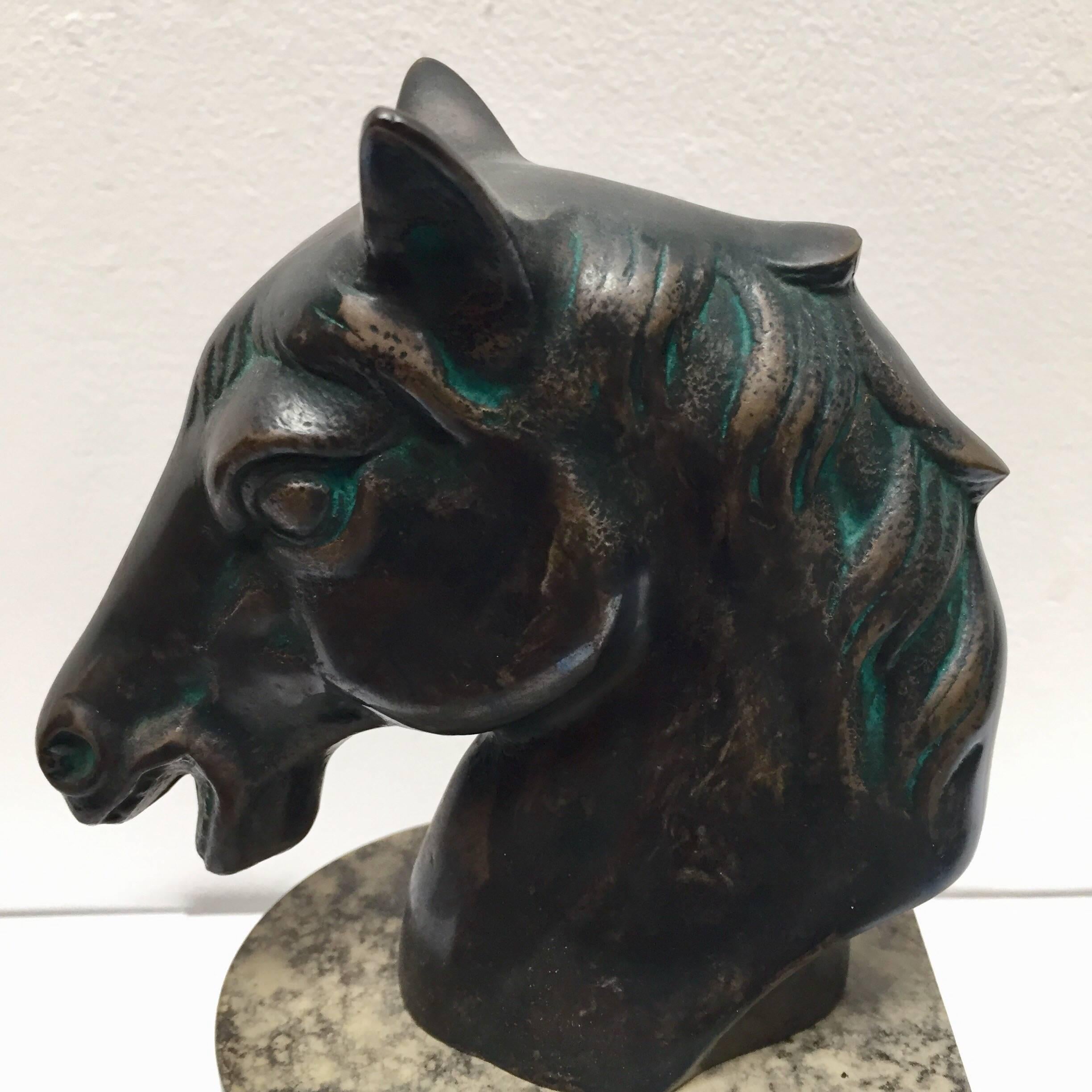 Cast Bronze Sculptures of Black Horses Bust Bookends on Stand  2