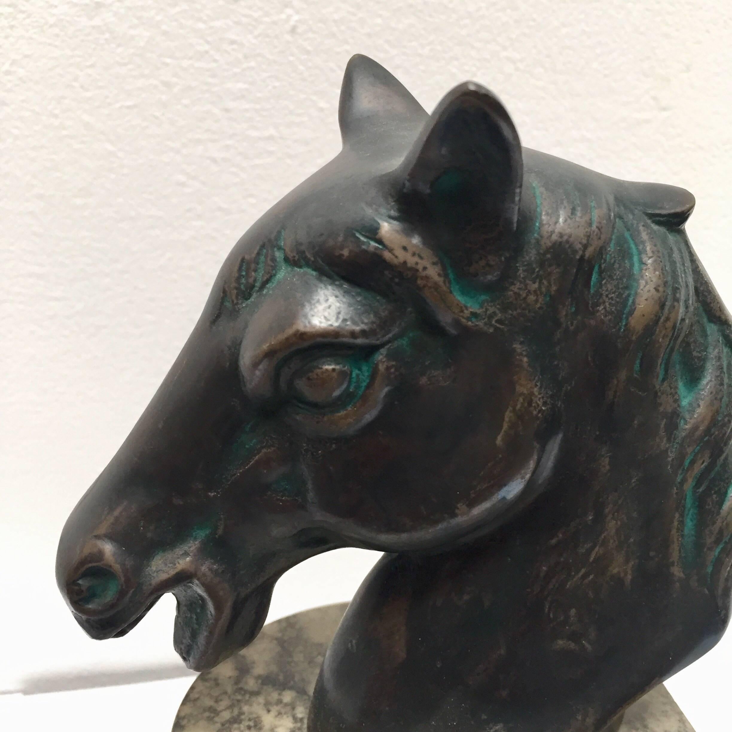 Cast Bronze Sculptures of Black Horses Bust Bookends on Stand  3