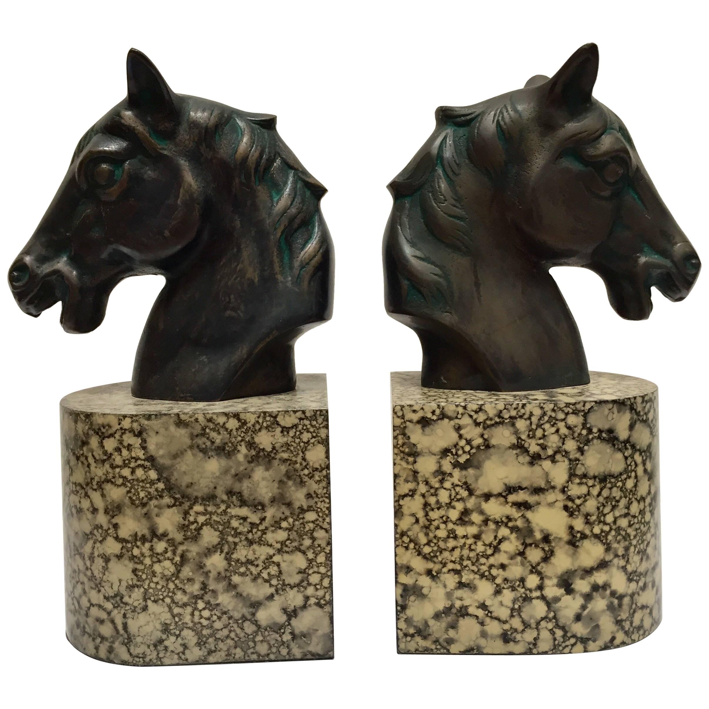 Cast Bronze Sculptures of Black Horses Bust Bookends on Stand 