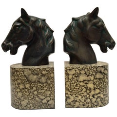 Vintage Cast Bronze Sculptures of Black Horses Bust Bookends on Stand 