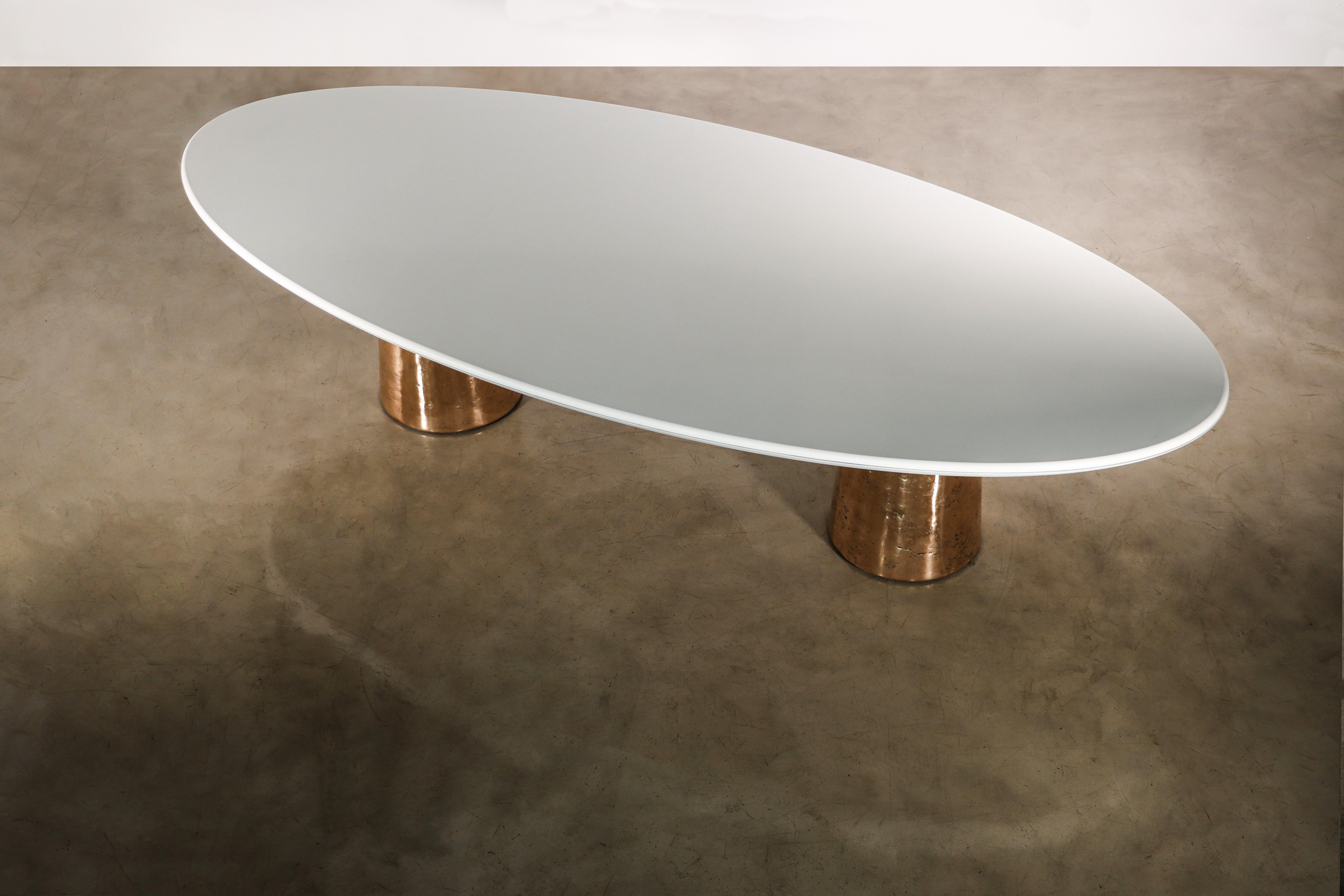 Cast Bronze & Lacquered Twin-Pedestal Oval Dining Table with Quartz Top, Benone In New Condition For Sale In New York, NY