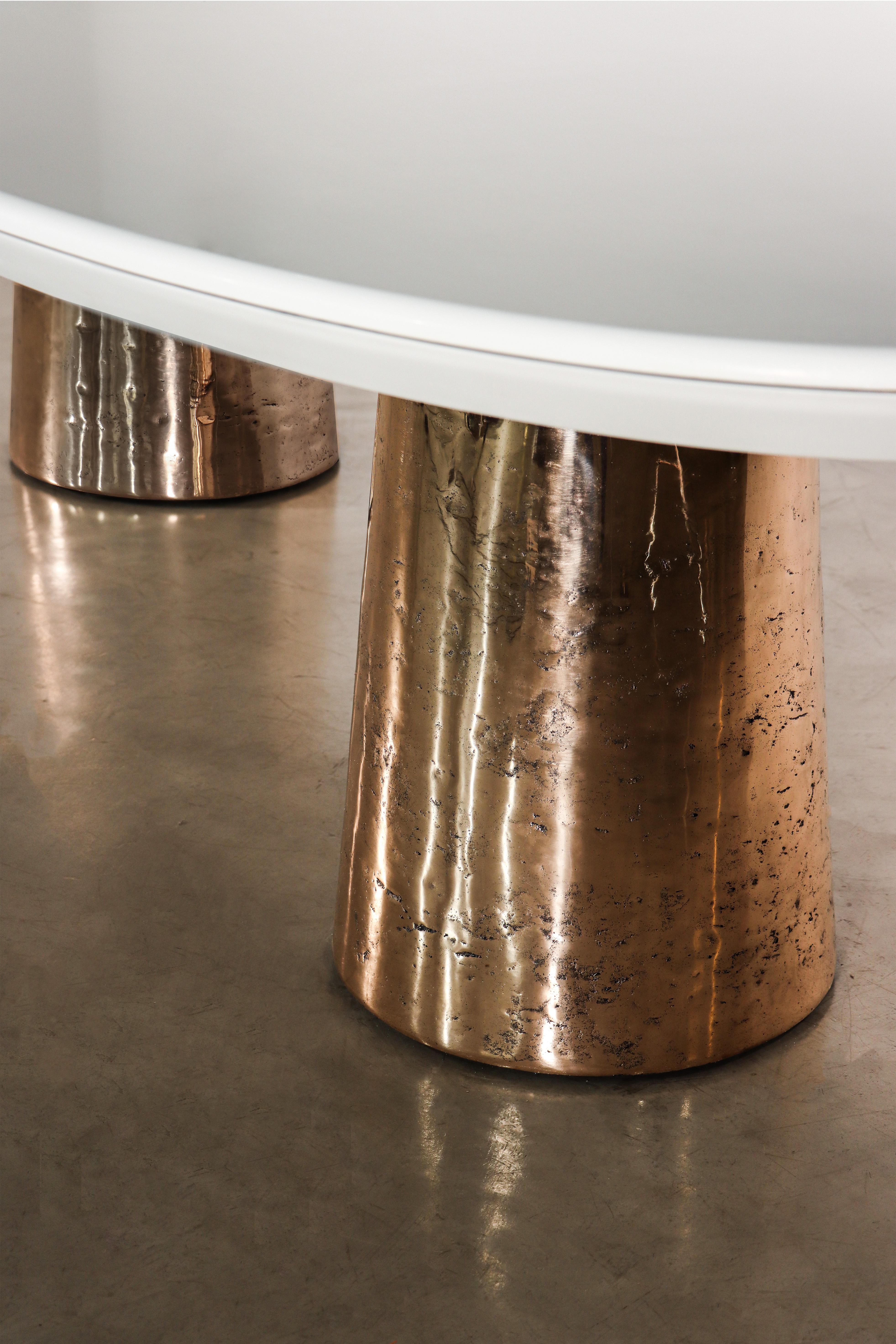 Contemporary Cast Bronze & Lacquered Twin-Pedestal Oval Dining Table with Quartz Top, Benone For Sale
