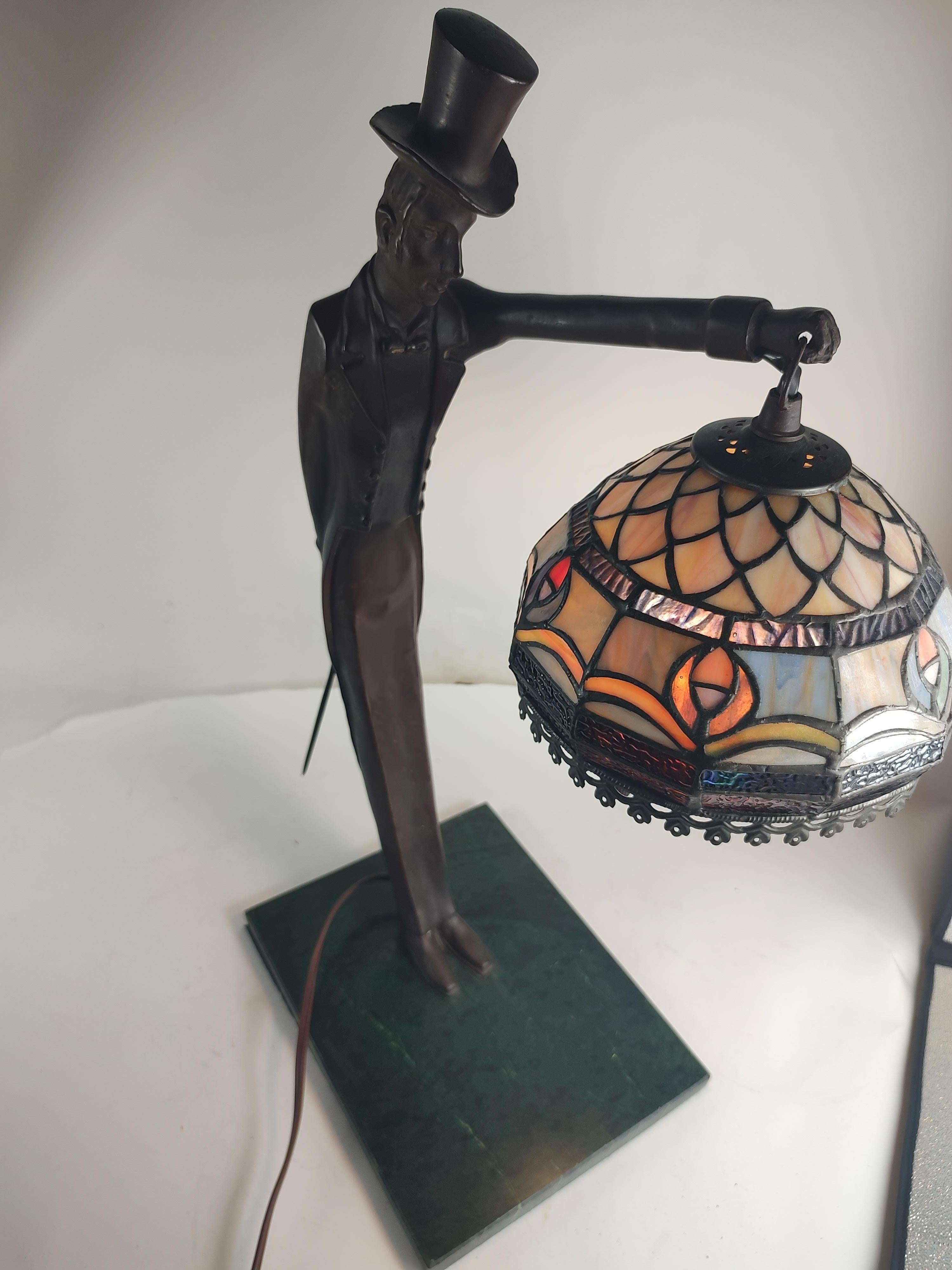 Italian Cast Bronze Tall Man Top Hat & Cane on Marble Base with Leaded Glass Shade 20thC For Sale