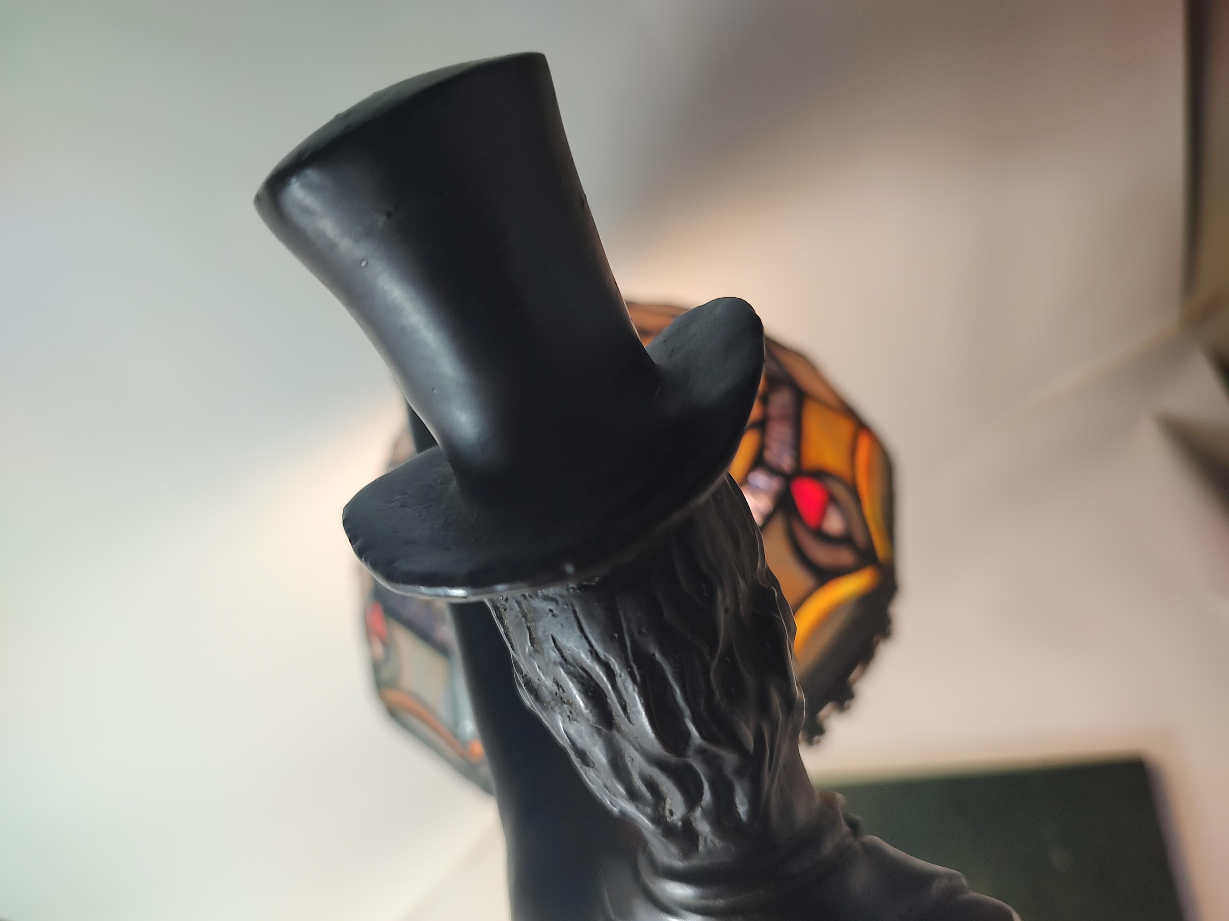 Cast Bronze Tall Man Top Hat & Cane on Marble Base with Leaded Glass Shade 20thC In Good Condition For Sale In Port Jervis, NY