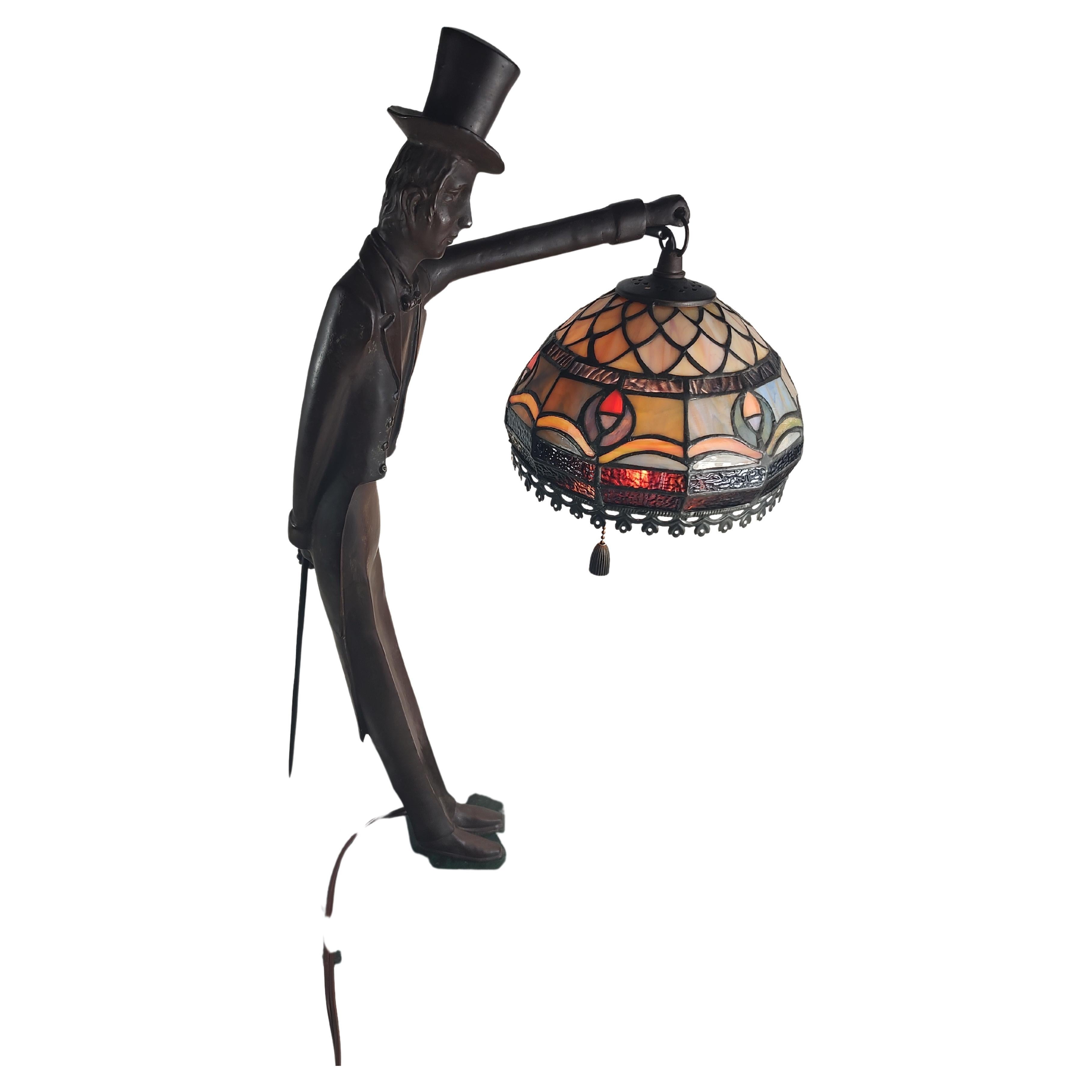 Art Deco Cast Bronze Tall Man Top Hat & Cane on Marble Base with Leaded Glass Shade 20thC
