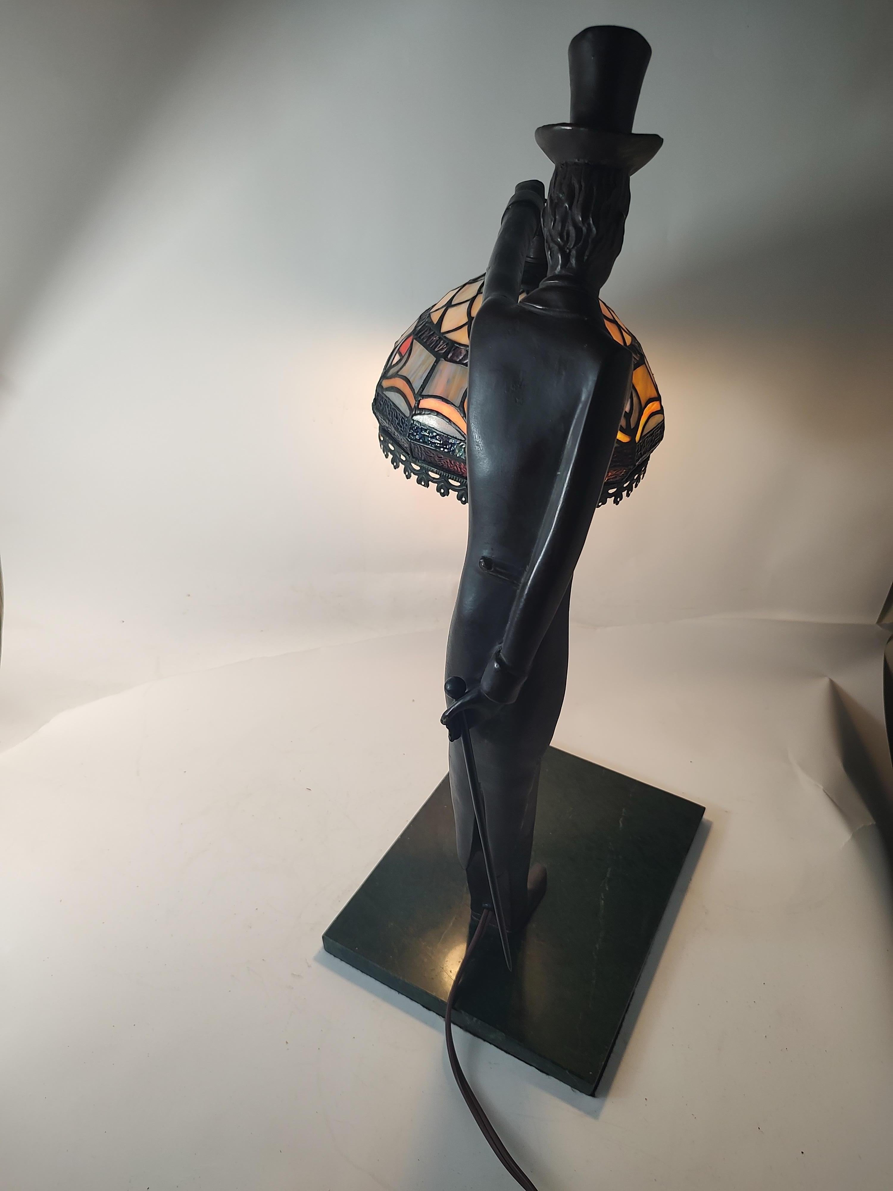 Cast Bronze Tall Man Top Hat & Cane on Marble Base with Leaded Glass Shade 20thC For Sale 1