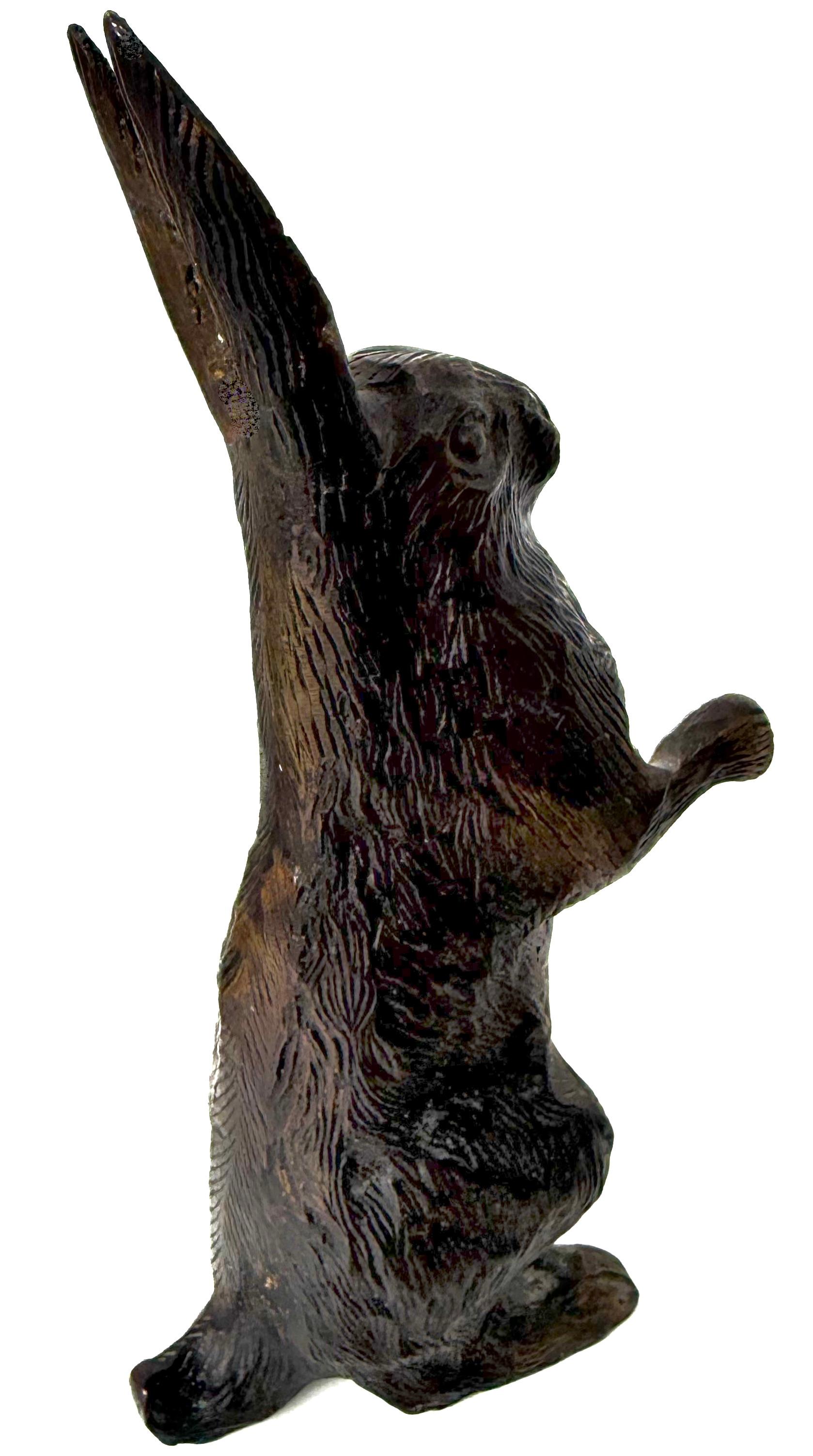 Japanese Cast Bronze Upright Rabbit Circa 1950's + Cast Iron Rabbit Motif Plaque On Stand For Sale