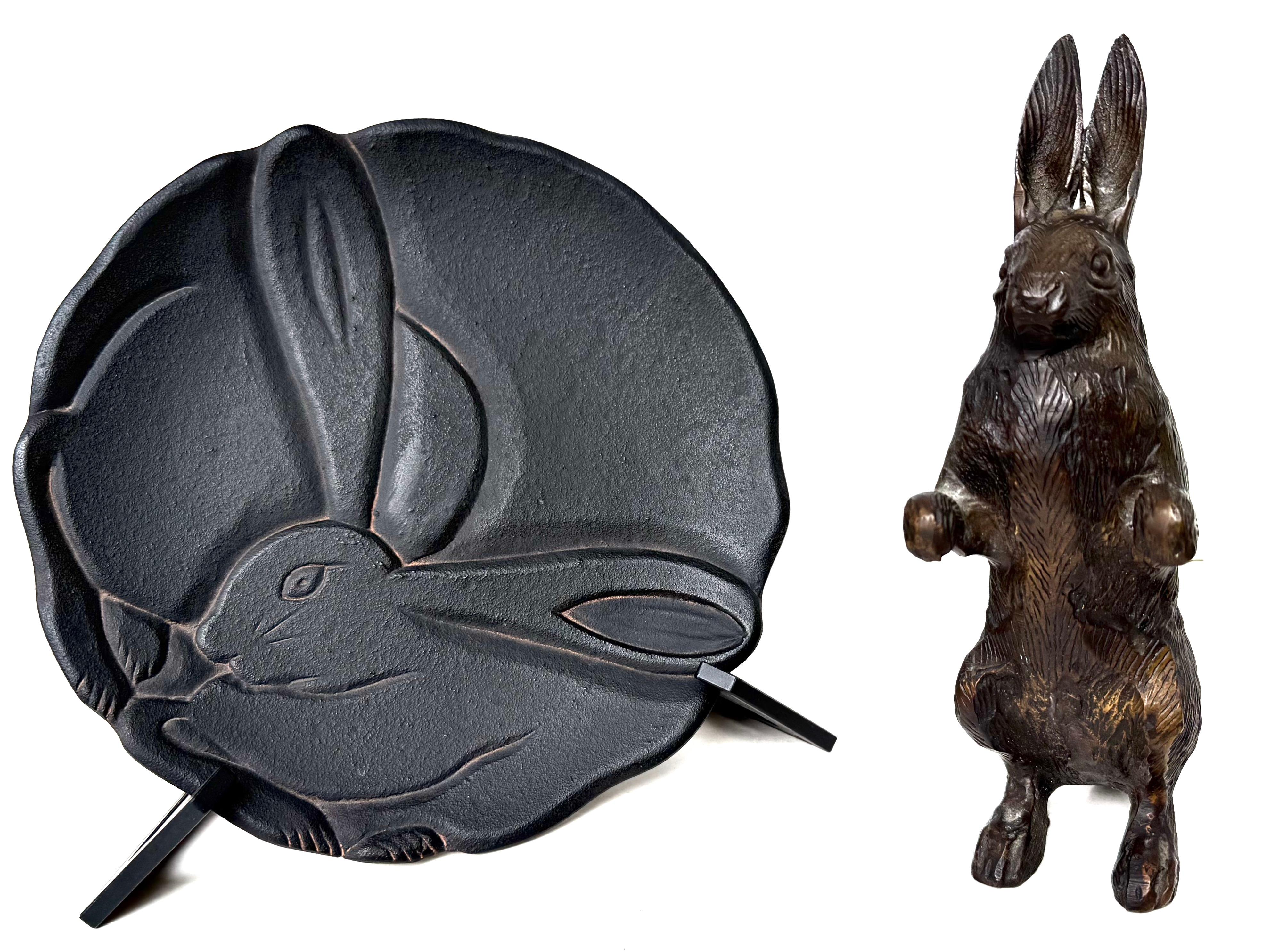 Cast Bronze Upright Rabbit Circa 1950's + Cast Iron Rabbit Motif Plaque On Stand For Sale 3