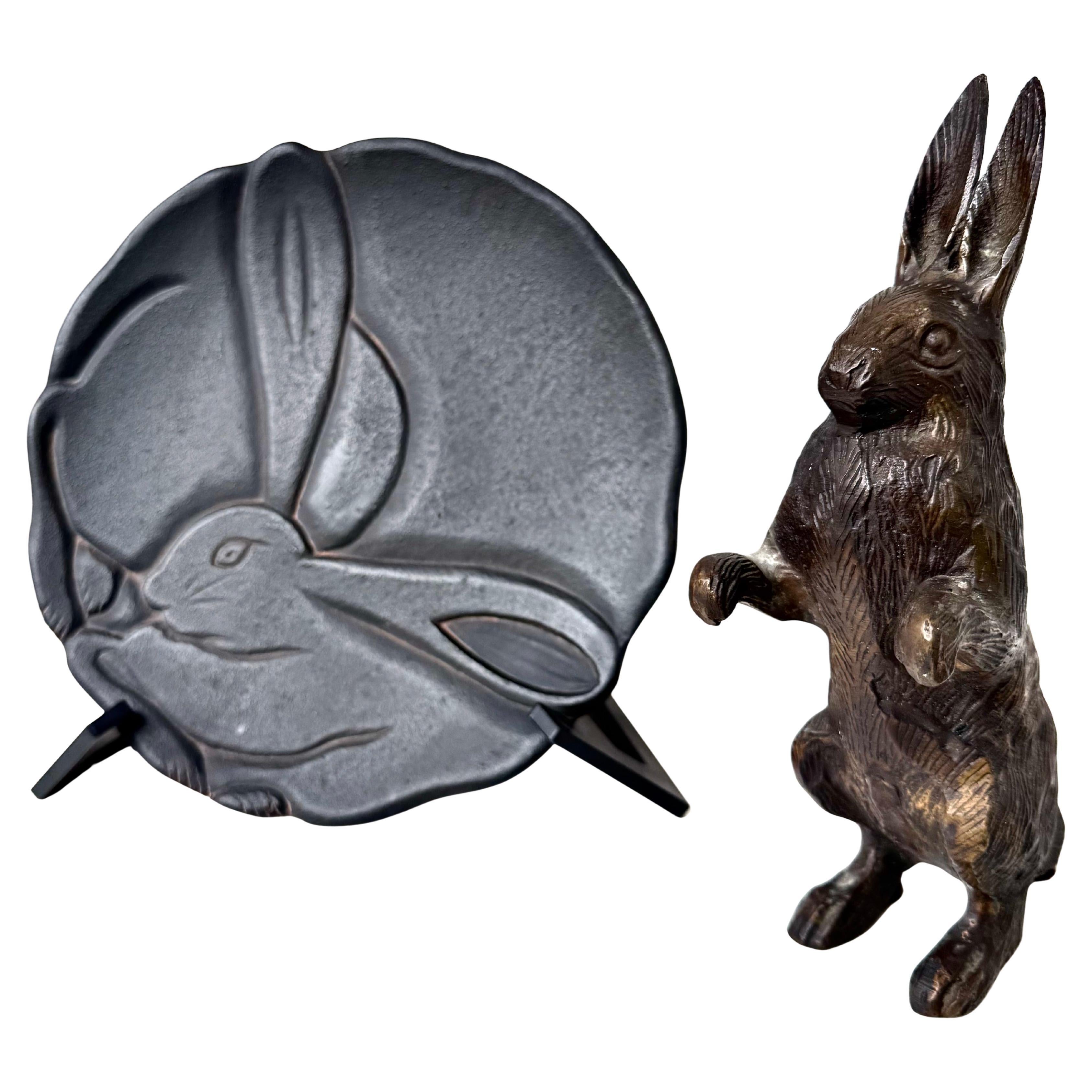 Cast Bronze Upright Rabbit Circa 1950
s + Cast Iron Rabbit Motif Plaque On Stand For Sale