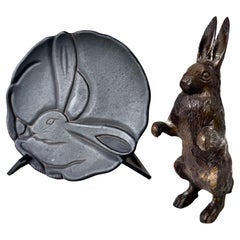 Cast Bronze Upright Rabbit Circa 1950's + Cast Iron Rabbit Motif Plaque On Stand