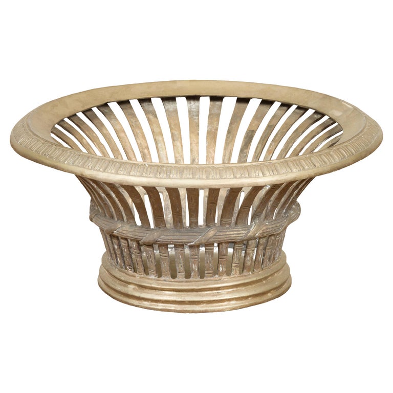 Cast Bronze Style Decorative Bowl with Light Patina and Reed