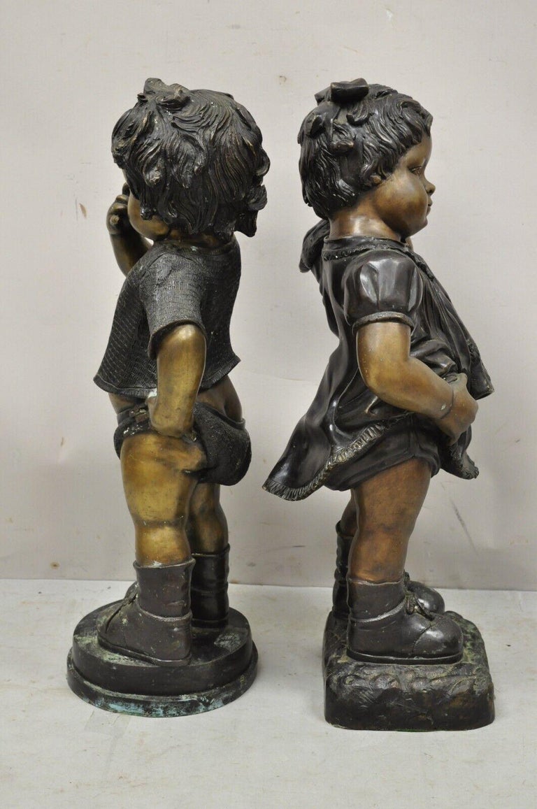 Cast Bronze Victorian Style Little Boy and Girl Statue Figure, a Pair