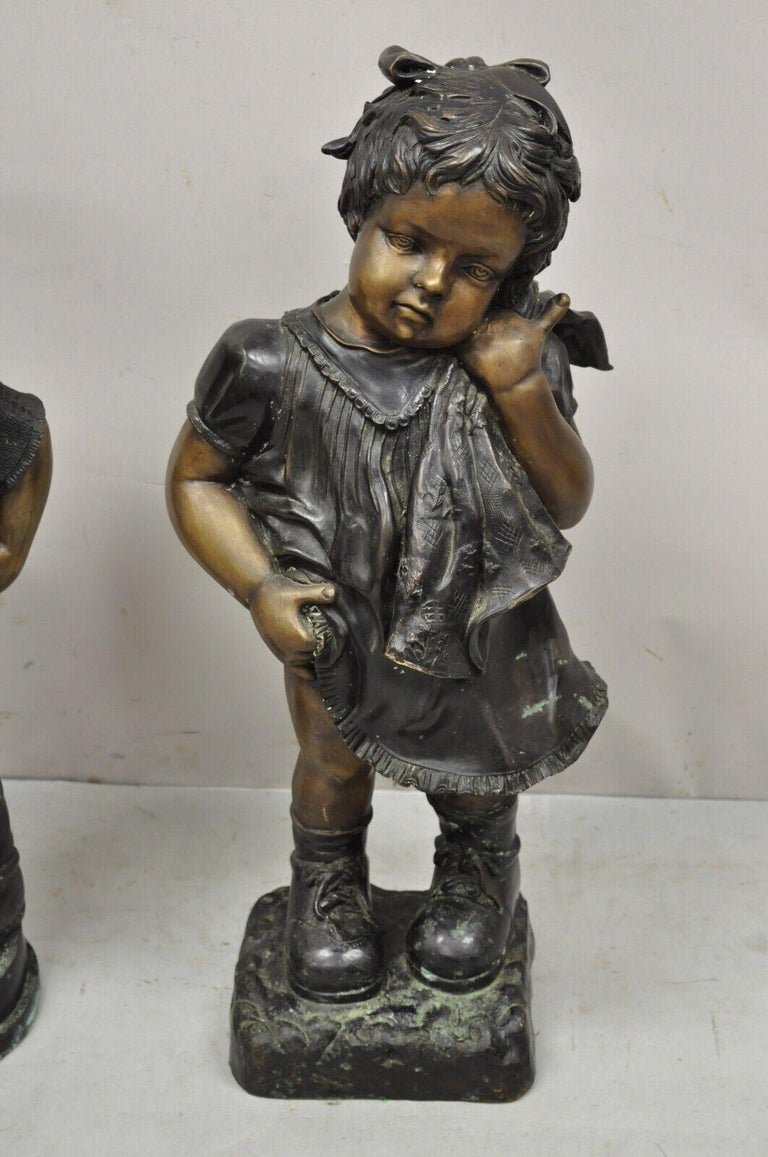 Cast Bronze Victorian Style Little Boy and Girl Statue Figure, a Pair