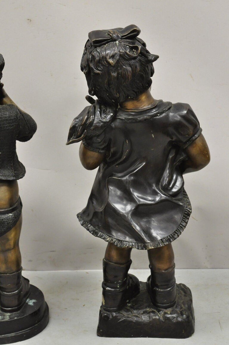 Cast Bronze Victorian Style Little Boy and Girl Statue Figure, a Pair