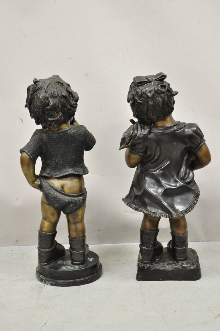 Cast Bronze Victorian Style Little Boy and Girl Statue Figure, a Pair