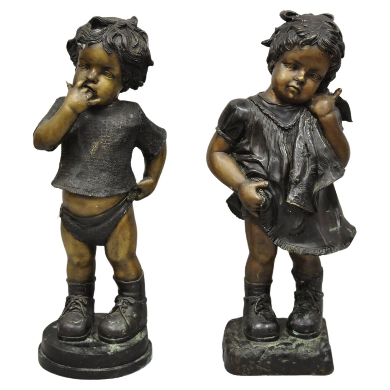 Cast Bronze Victorian Style Little Boy and Girl Statue Figure, a Pair For Sale