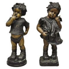 Cast Bronze Victorian Style Little Boy and Girl Statue Figure, a Pair