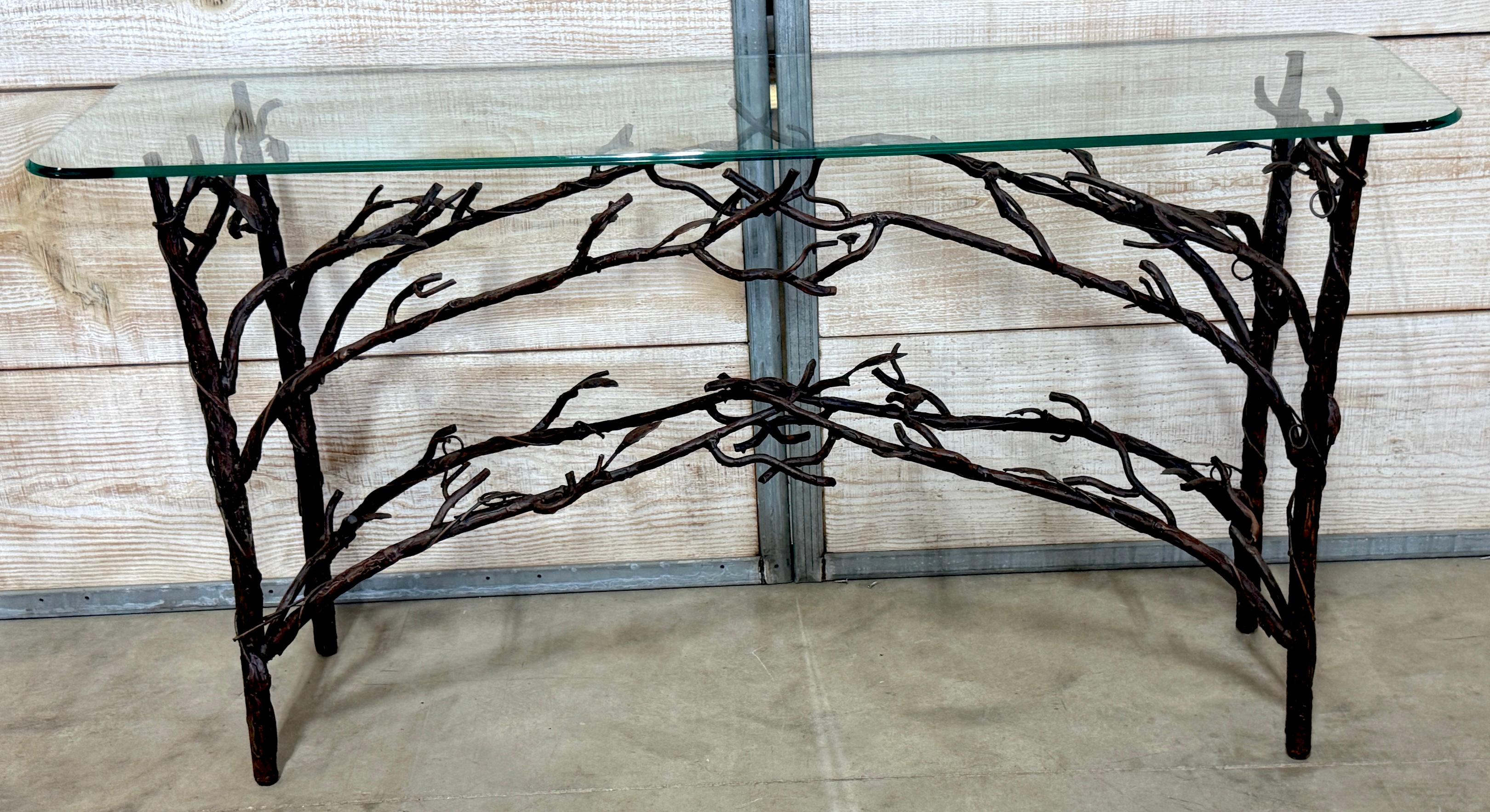 Beveled Cast Bronze Vine & Leaf Console Table , in the Style of Diego Giacometti For Sale