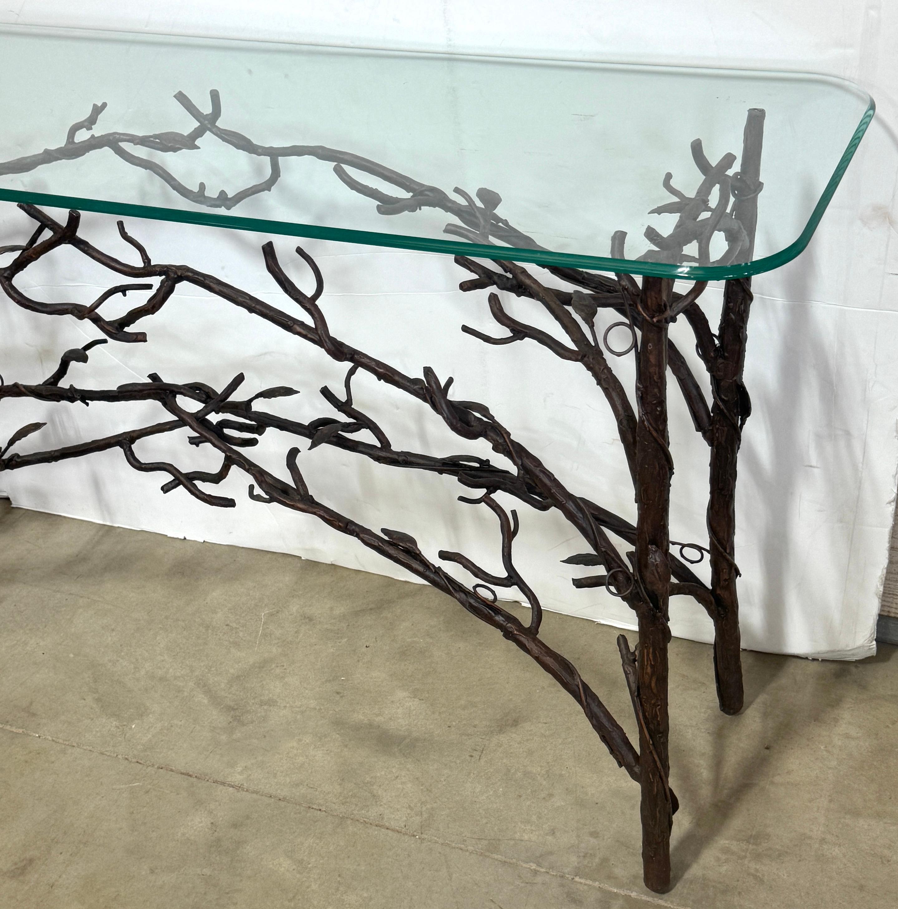 Glass Cast Bronze Vine & Leaf Console Table , in the Style of Diego Giacometti For Sale