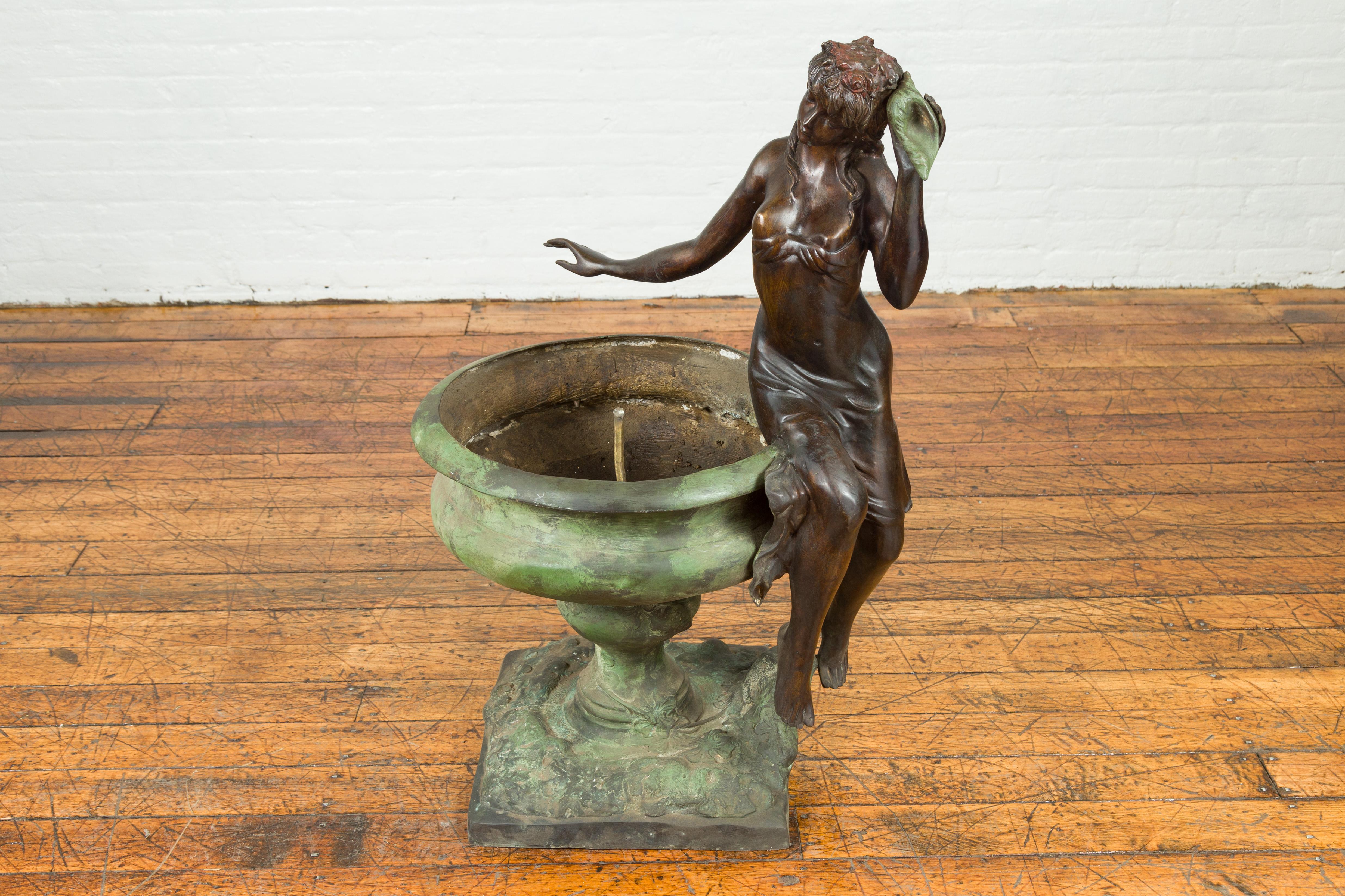 Cast Bronze Vintage Fountain with Large Urn and Maiden Listening to a Shell In Good Condition In Yonkers, NY