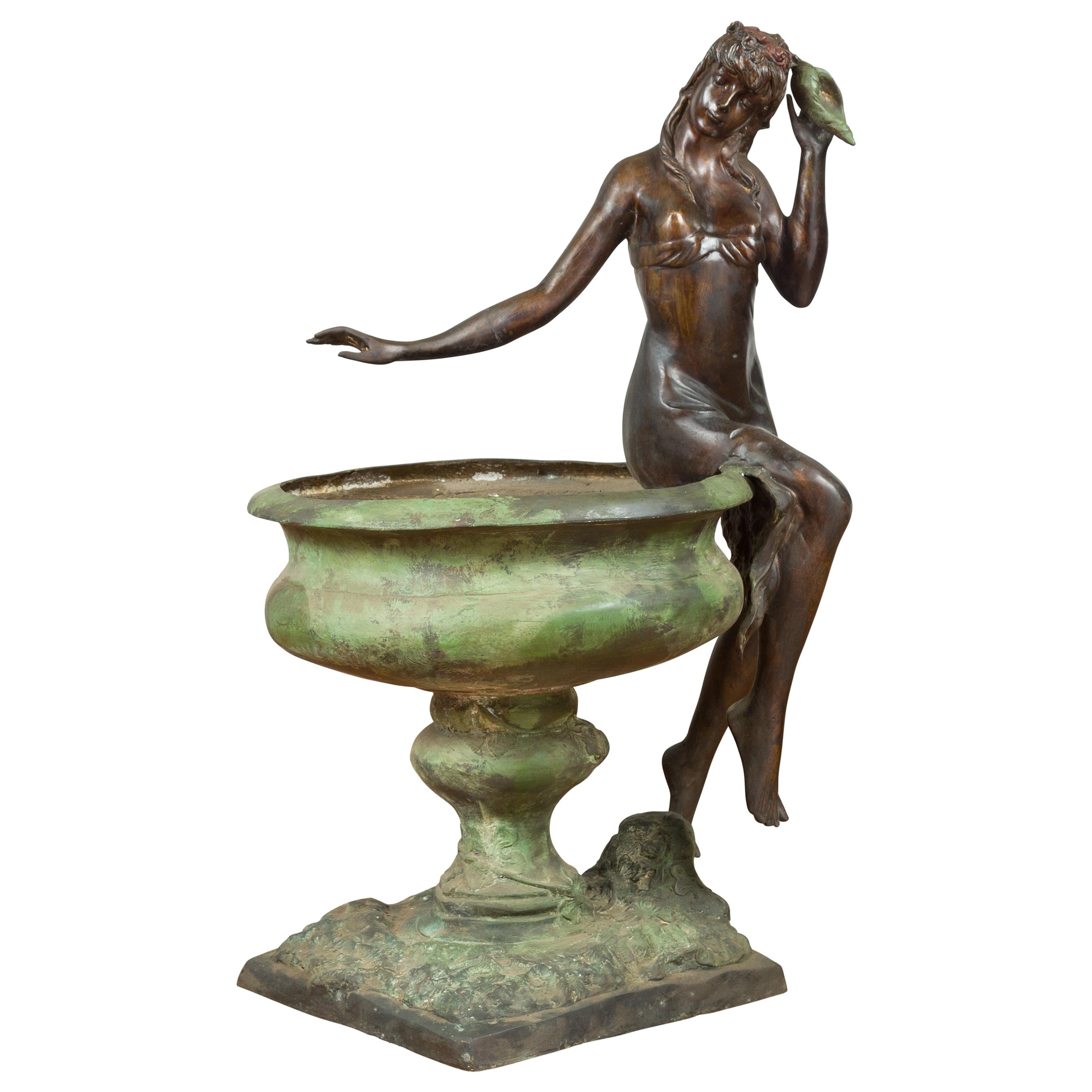 Cast Bronze Vintage Fountain with Large Urn and Maiden Listening to a Shell
