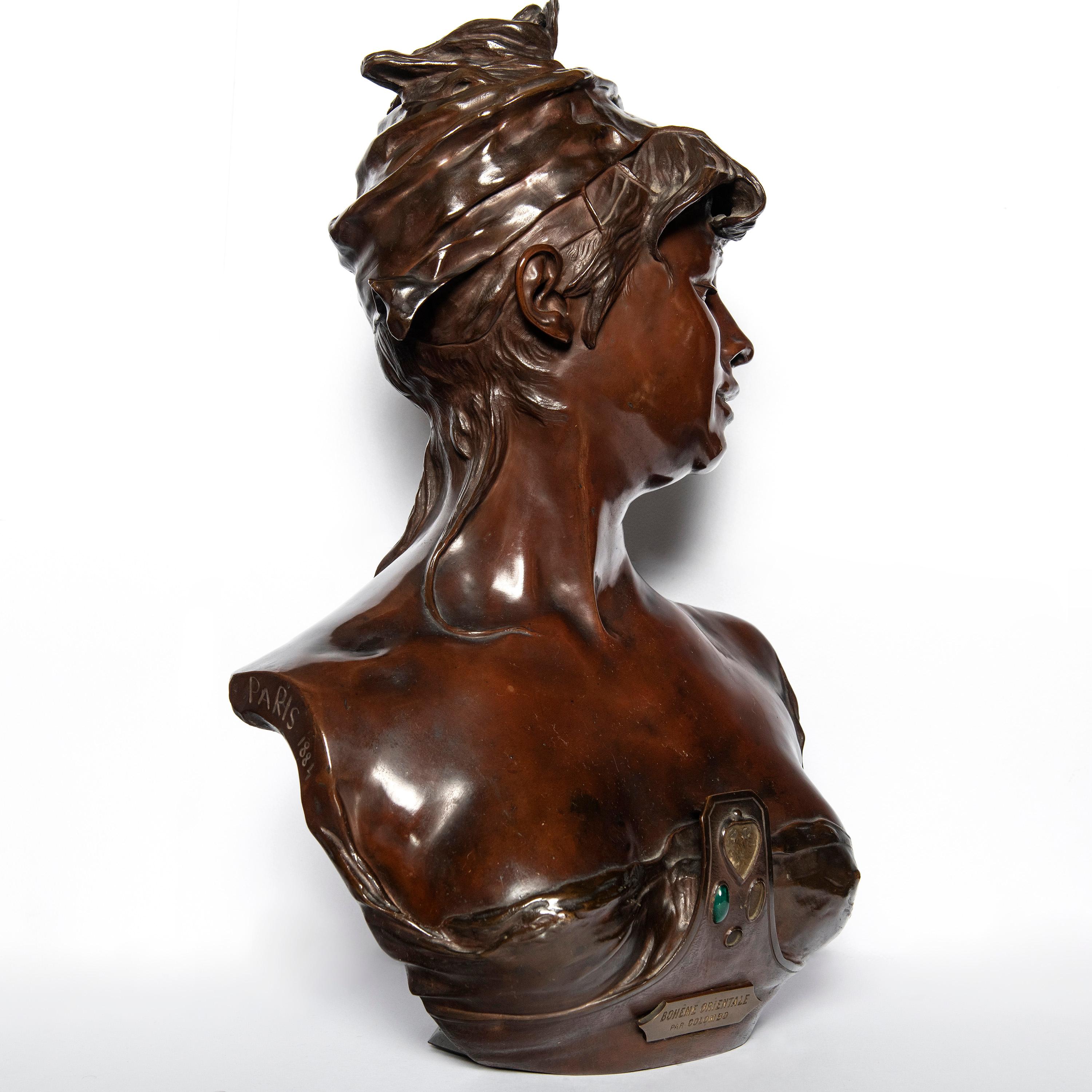 Gegossene Bronzebüste einer Frau „Bohme Orientale“ Signiert R. Colombo, Paris, 1884 (Französisch) im Angebot
