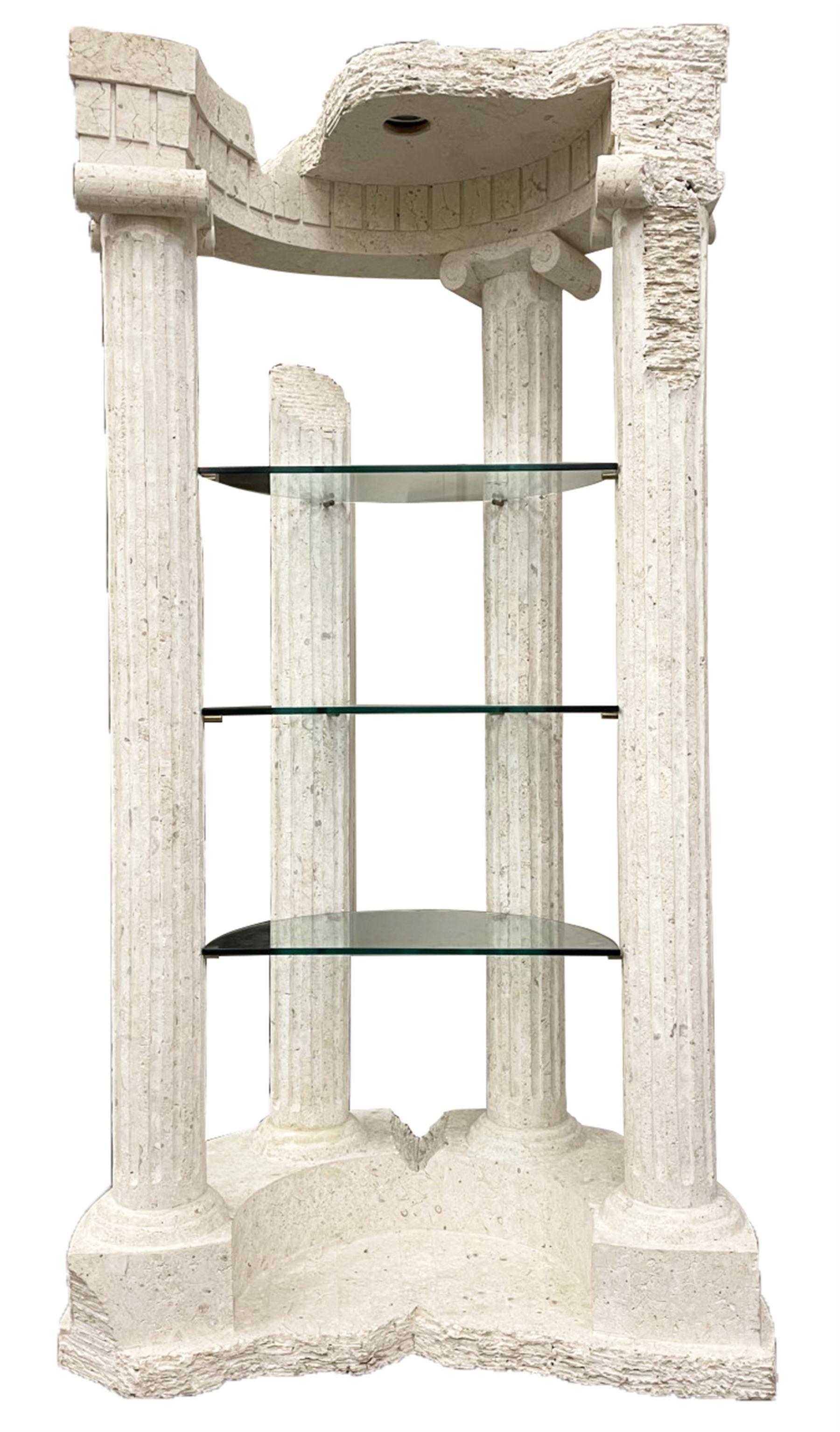 Classical Architectural Mactan Stone Display Stand
Late 20th Century  Mactan Stone  Three Glass Shelves

A stunning Classical Architectural Mactan Stone Display Stand, expertly crafted from durable Mactan stone, which gives the piece its distinctive