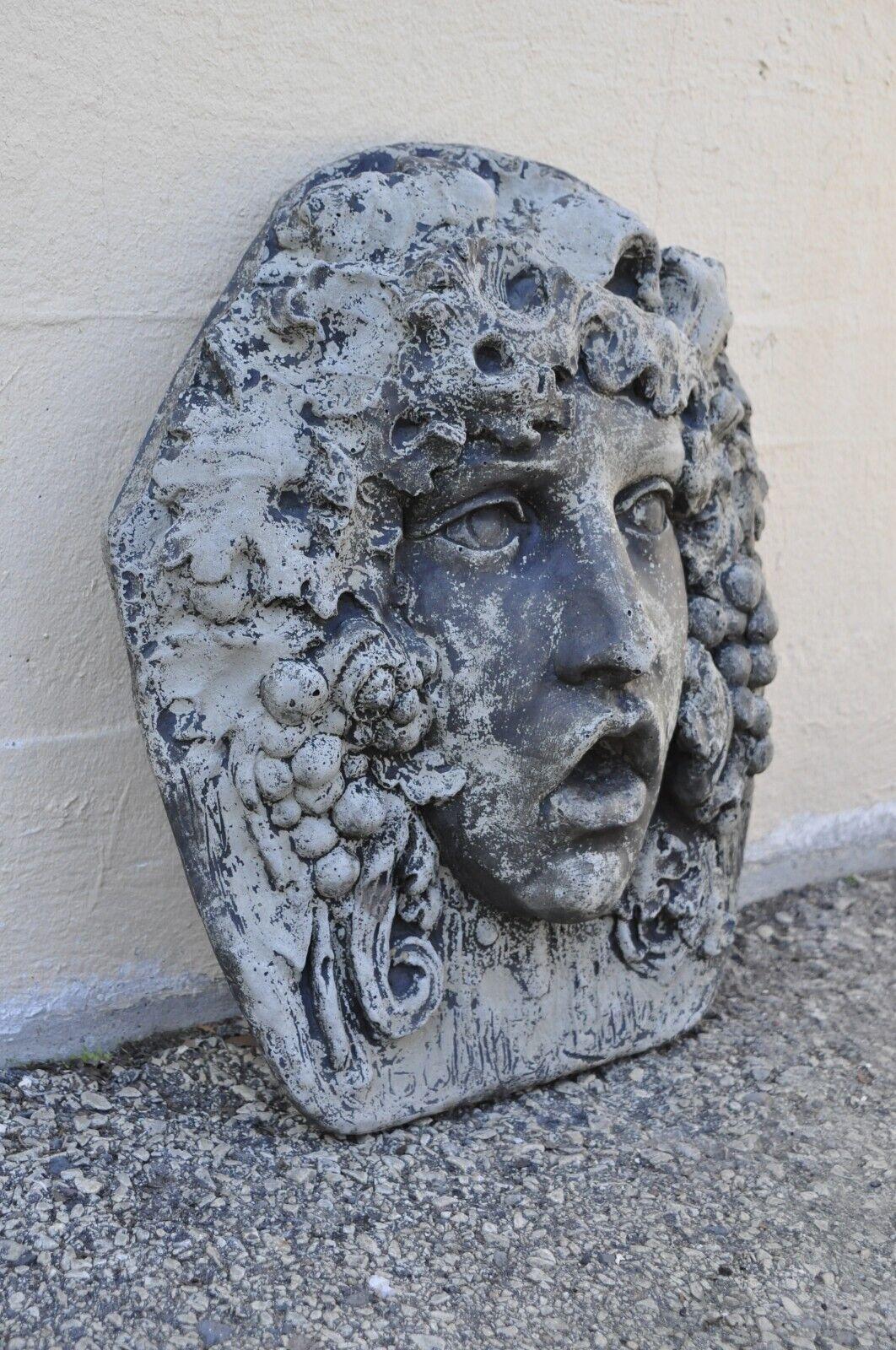 Cast Concrete Cement Figural wall hanging Bacchus Face Garden Sculpture Plaque. Item features a wall hanging garden element, cast concrete/cement construction, wonderful detail, distressed finish, great style and form, approx. 30 lbs. Circa Late
