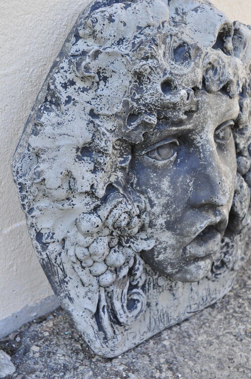 Cast Concrete Cement Figural Wall Hanging Bacchus Face Garden Sculpture Plaque In Good Condition In Philadelphia, PA