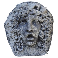 Used Cast Concrete Cement Figural Wall Hanging Bacchus Face Garden Sculpture Plaque