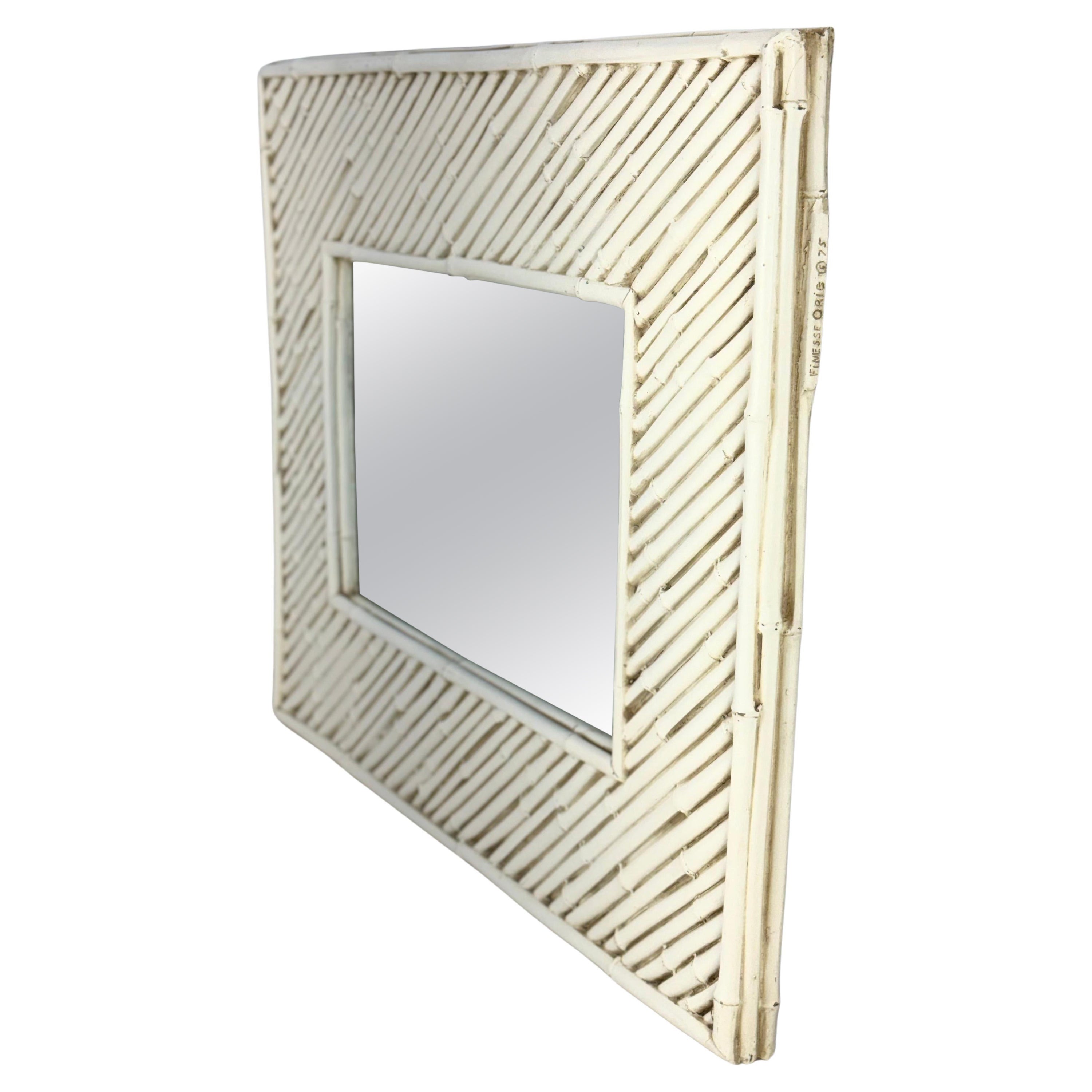 Cast Faux Bamboo White Lacquer Frame Rectangle Wall Mirror Artist Signed & Dated