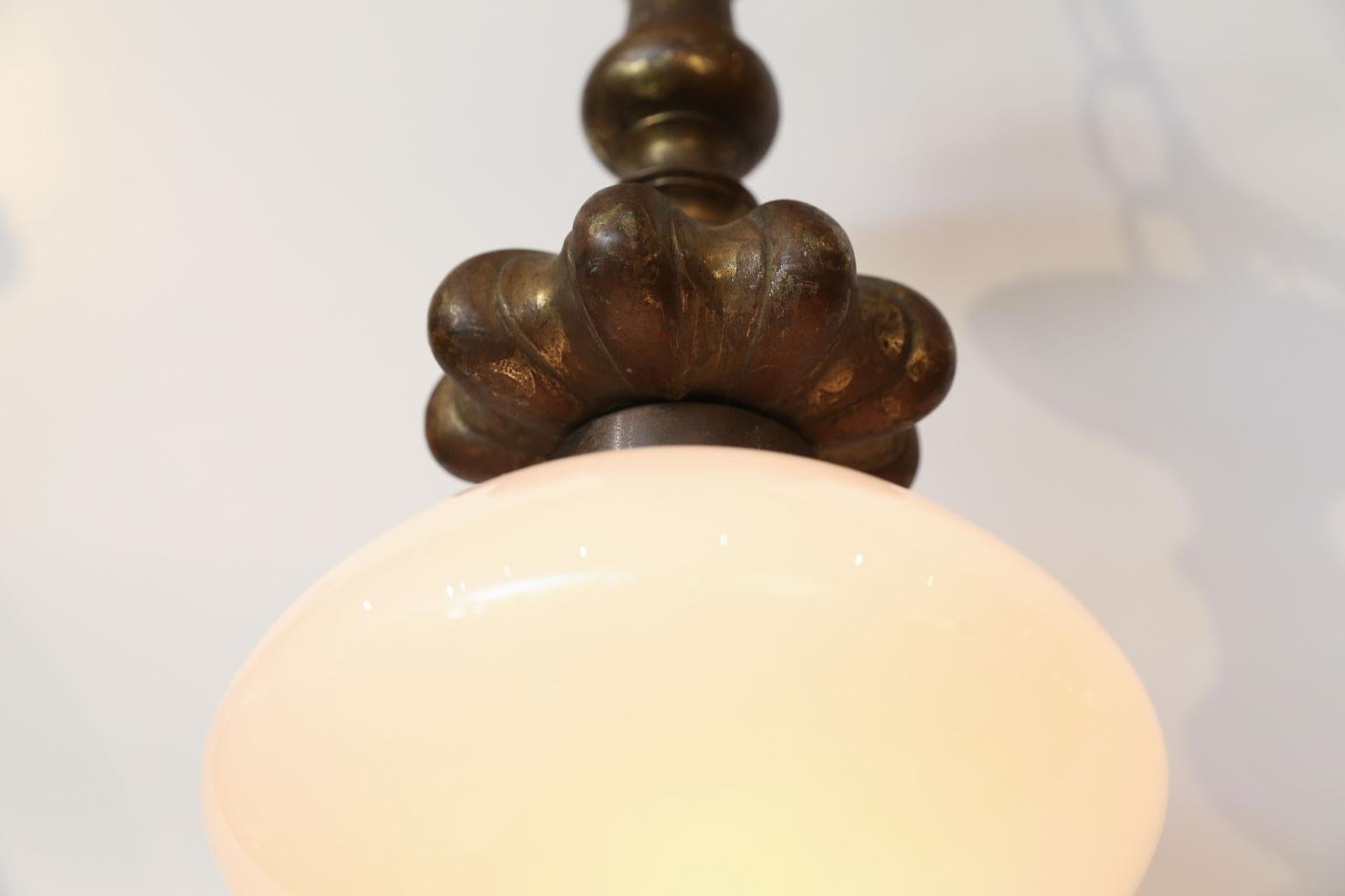 Italian Cast French Bronze Pendant with Antique Milk Glass Shade