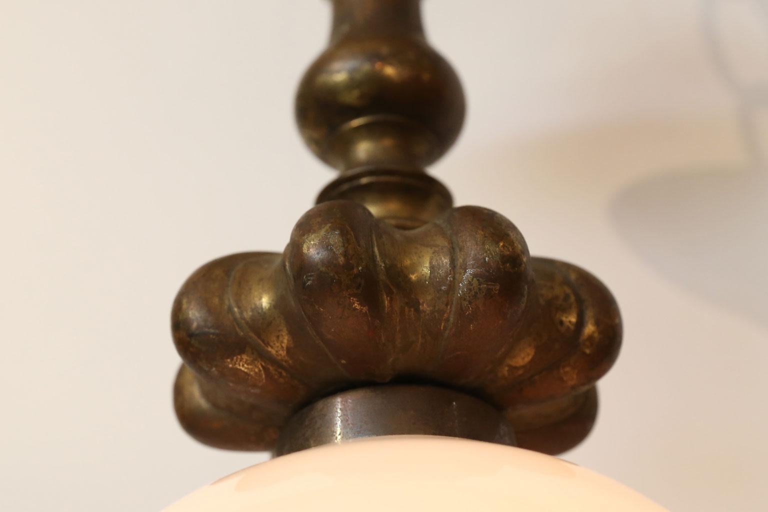Cast French Bronze Pendant with Antique Milk Glass Shade In Good Condition In Houston, TX