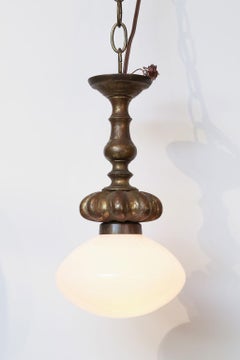 Cast French Bronze Pendant with Antique Milk Glass Shade