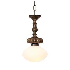 Cast French Bronze Pendant with Antique Milk Glass Shade