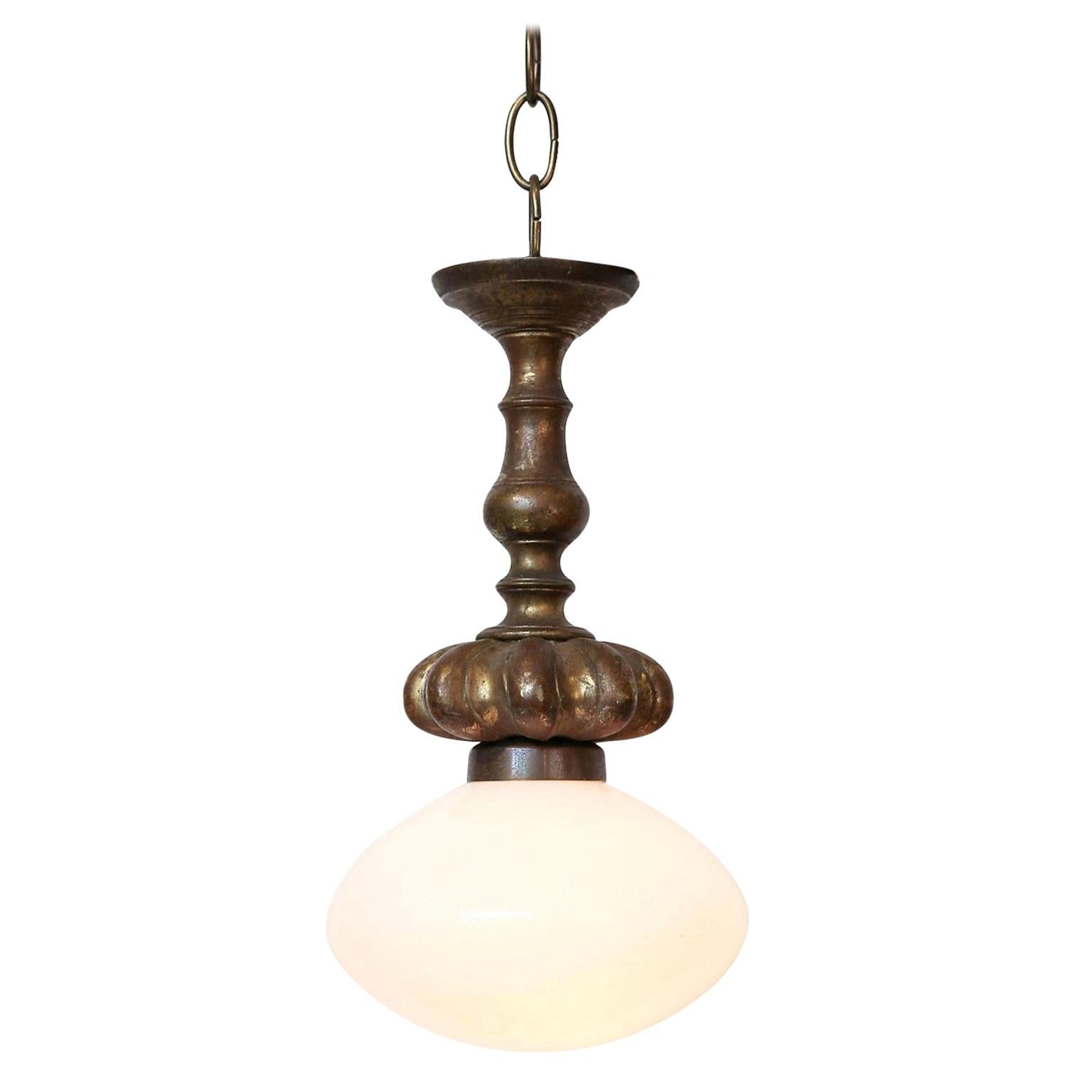 Cast French Bronze Pendant with Antique Milk Glass Shade