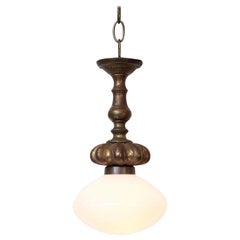 Cast French Bronze Pendant with Antique Milk Glass Shade