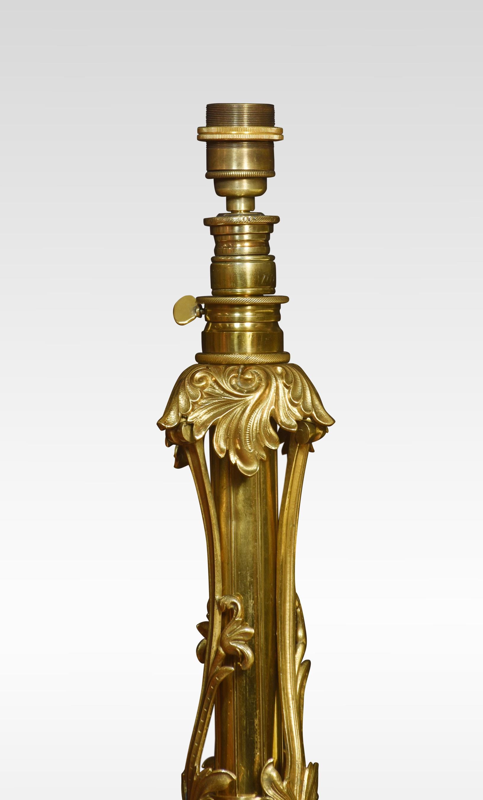 Cast gilt-brass standard lamp, with circular adjustable column, on shaped splayed base. Terminating in scrolling toes.
Dimensions
Height 49 Inches adjustable to 63.5 Inches
Width 19 Inches
Depth 19 Inches.