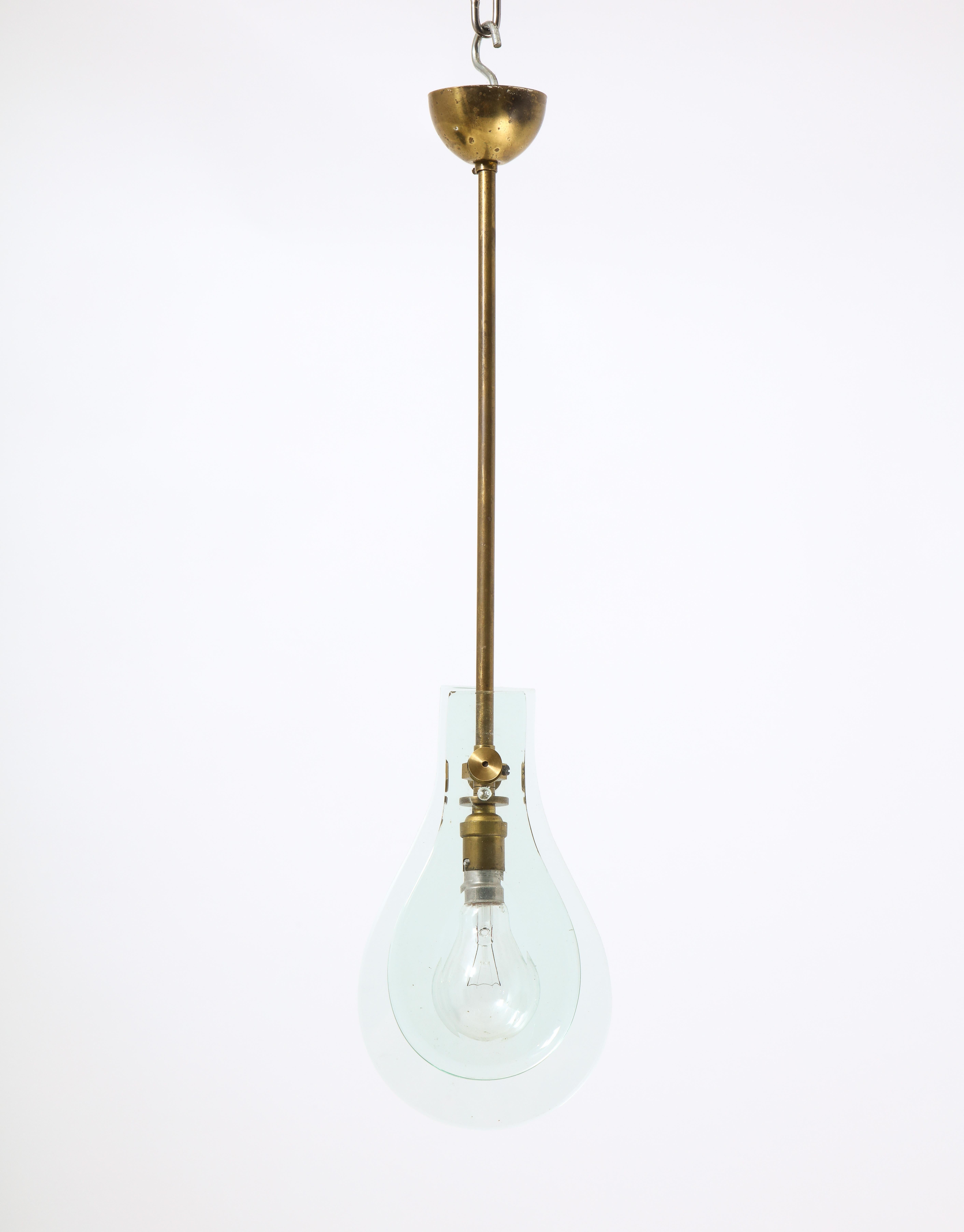 Italian Cast Glass and Brass Teardrop Pendant in Style of Max Ingrand, Italy 1960's For Sale