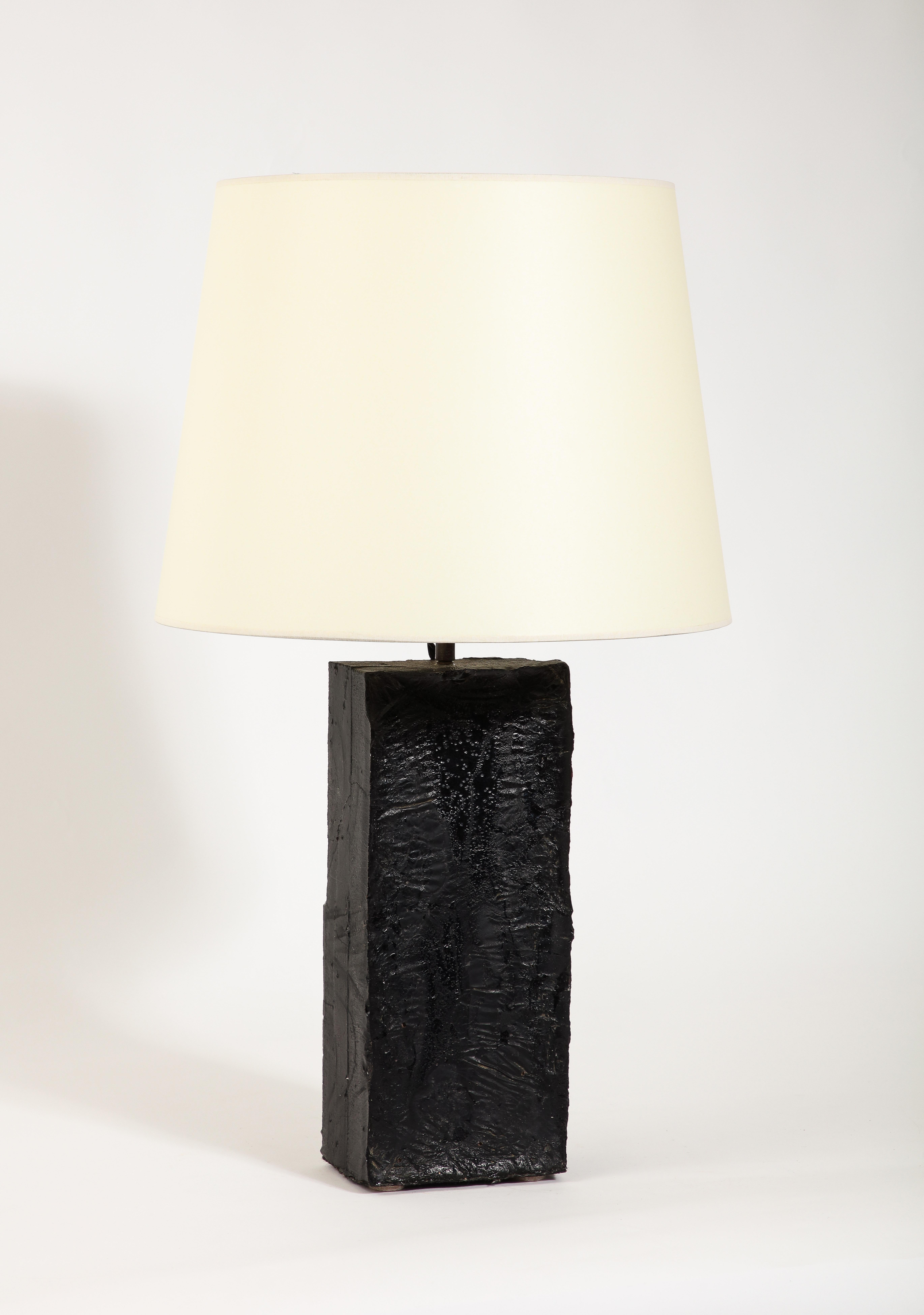 Brutalist Black Cast Glass Table Lamp, USA 1960's For Sale