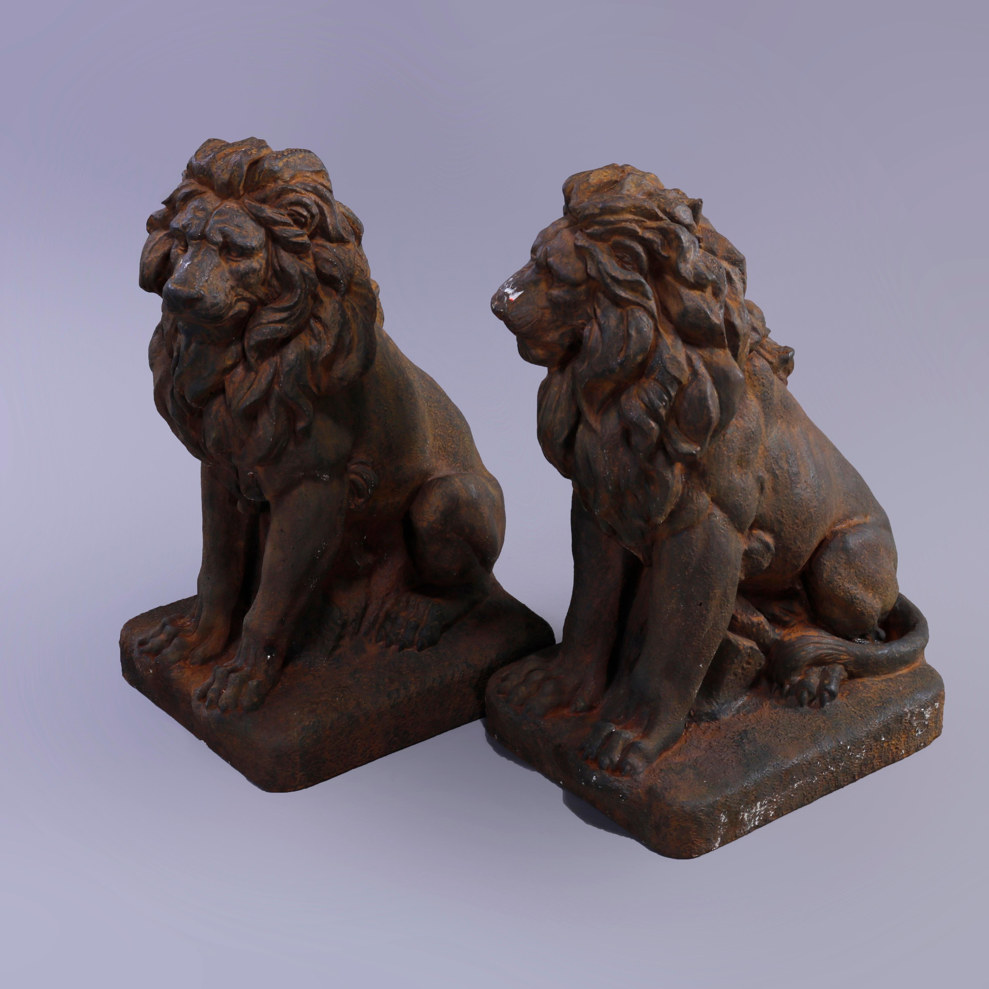 Classical Greek Cast Hard Stone Classical Seated Lion Garden Statues in Bronzed Finish, 20th C